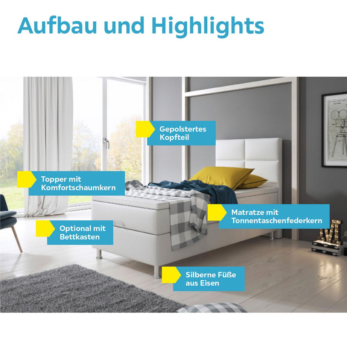 Boxspringbett Mit Topper 90x200 Cm Miami-Bk - Silberfarben/Weiß, KONVENTIONELL, Leder/Textil (90/115/210cm) - MID.YOU