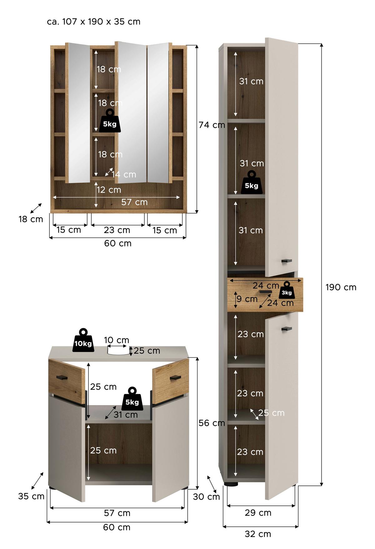 Badezimmer Aqua Kaschmir/Eichefarben B: 92cm - Kaschmir/Eichefarben, Trend, Glas/Holzwerkstoff (92cm) - MID.YOU