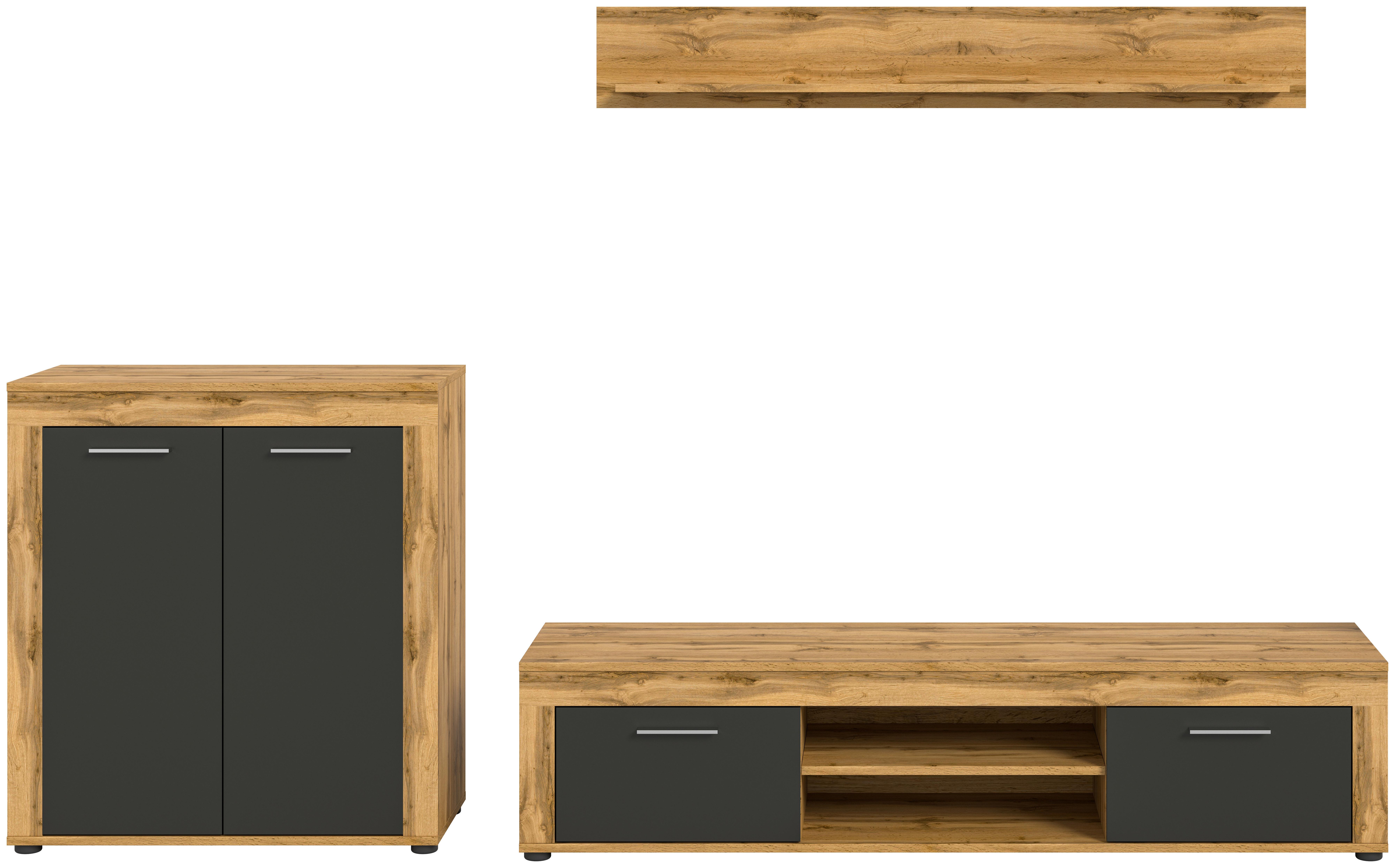 Wohnwand Jam Eiche Dekor Anthrazit 3-Teilig B: 255 Cm - Anthrazit/Eiche Wotan, Design, Holzwerkstoff (255/159/35cm) - MID.YOU