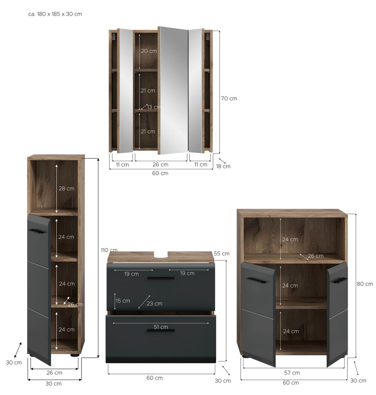 Badezimmer Ice Schwarz/Eiche Dekor B: 150cm - Eiche dunkel/Schwarz, Basics, Holzwerkstoff (150cm) - MID.YOU