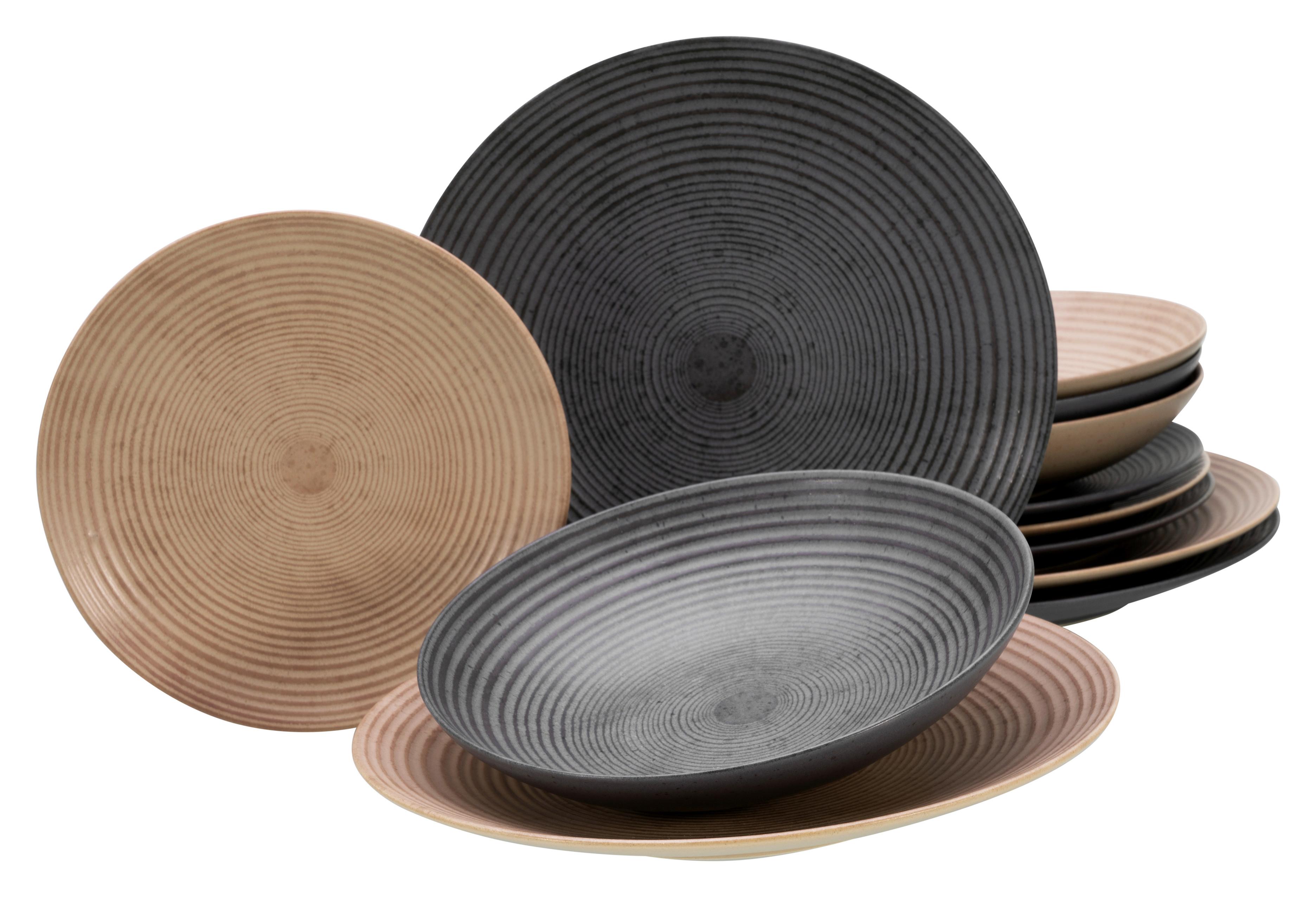 Tafelservice Steingut 4 Personen Geschirr Set - Sandfarben/Anthrazit, Basics, Keramik - Creatable