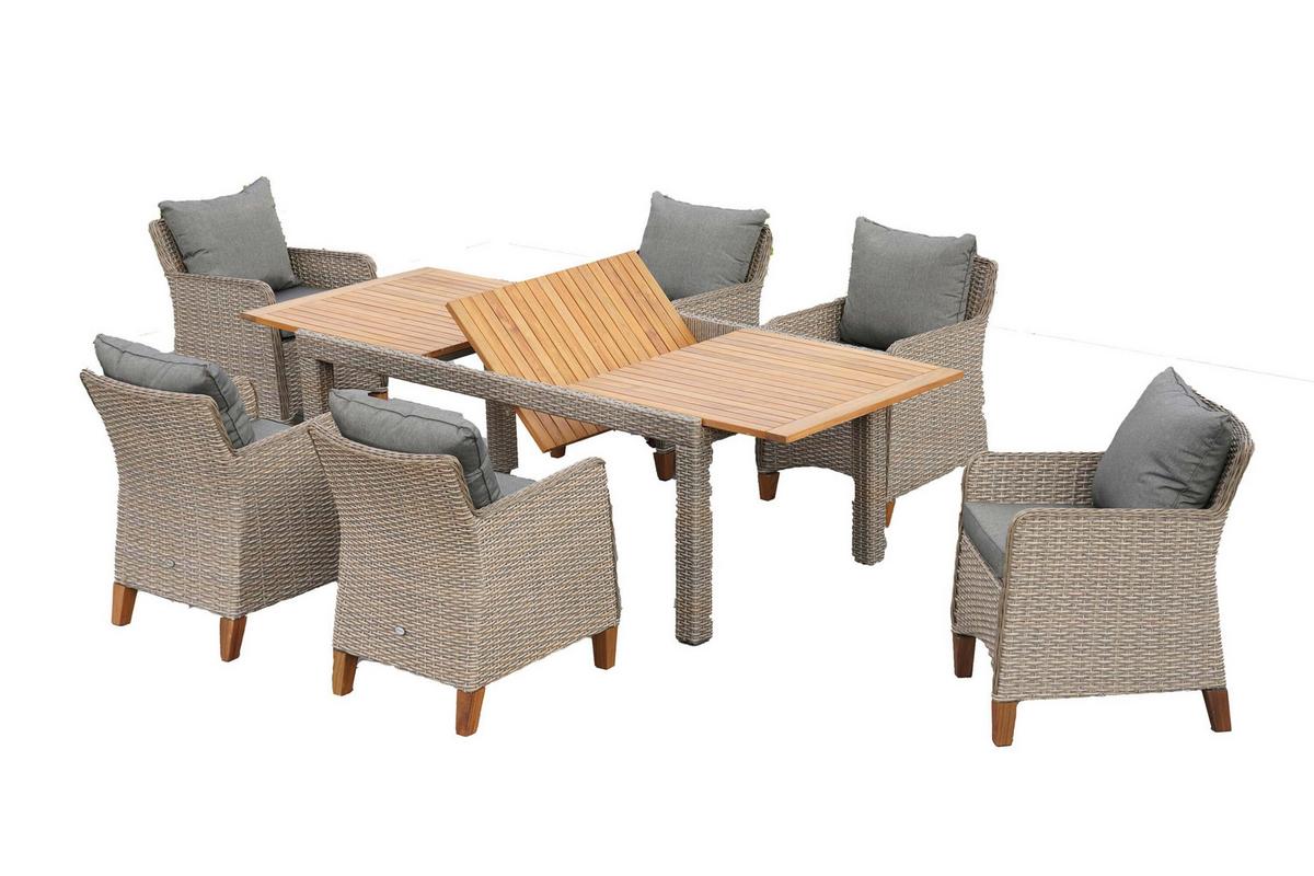 Gartentischgruppe Avellino 7--Teilig. Aus Akazie - Beige/Beigebraun, KONVENTIONELL, Holz/Kunststoff - Gardenson