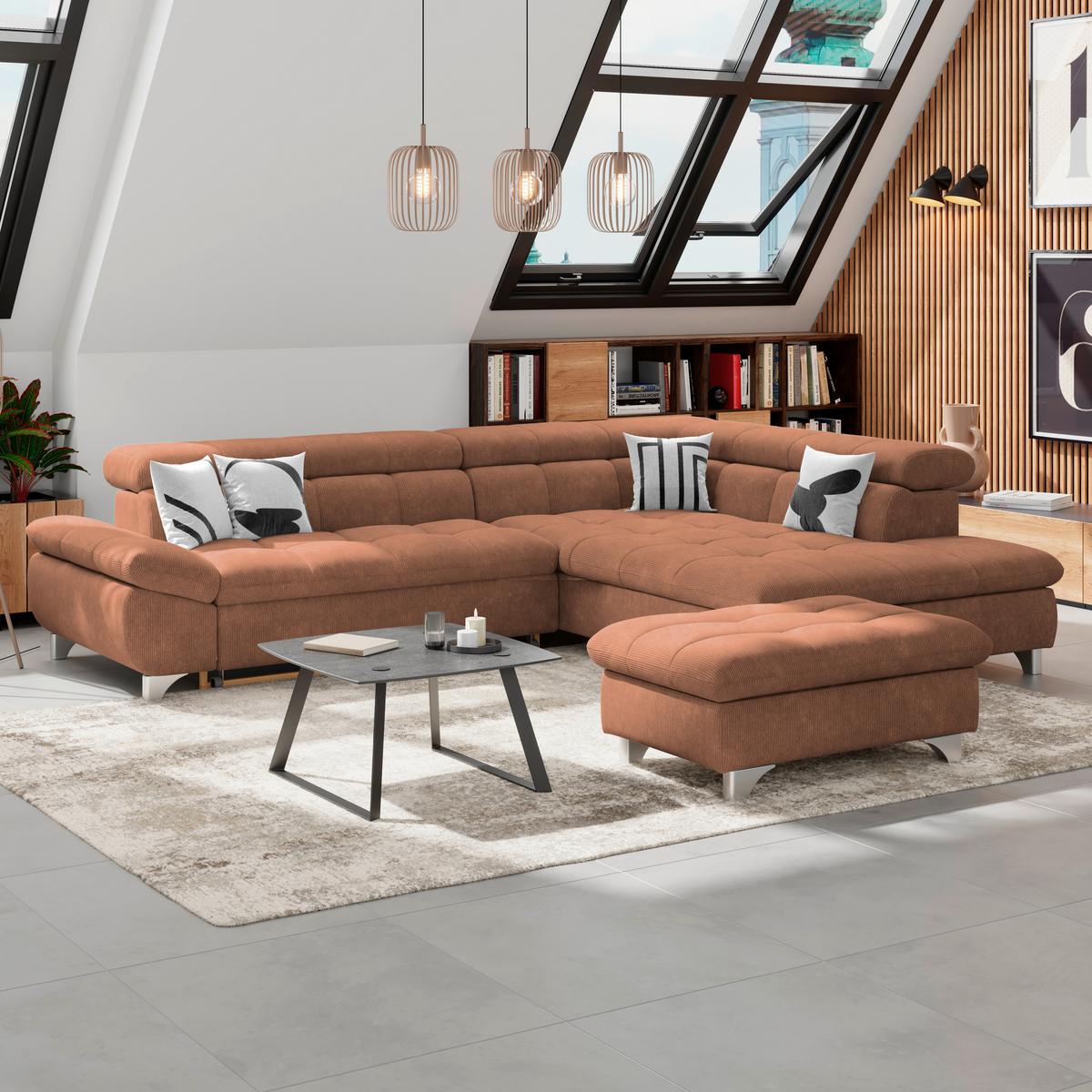 Ecksofa  Gemini Rotbraun, B: 312cm - Chromfarben/Rotbraun, KONVENTIONELL, Textil (312/234cm)