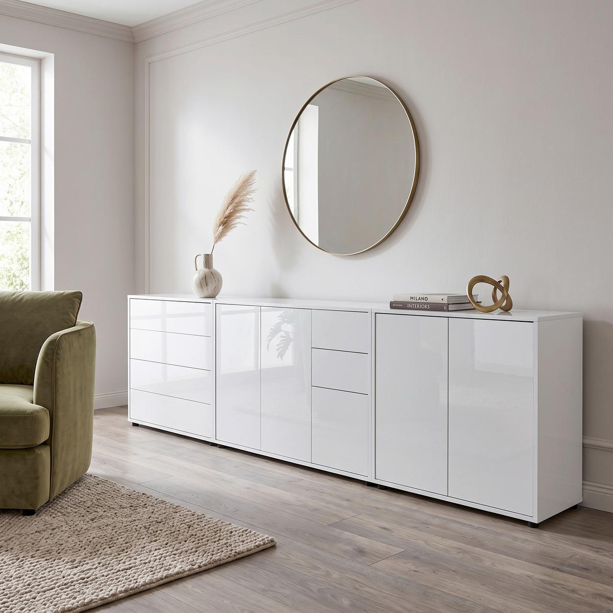 SIDEBOARD Mailand 7 B: 263,5 cm Weiß - Weiß Hochglanz/Schwarz, MODERN, Holzwerkstoff (263,5/73/33cm) - MID.YOU