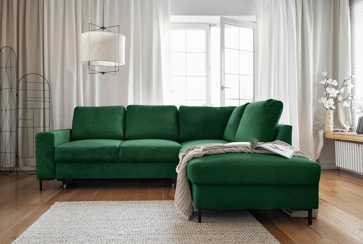 Sedačka LEONIE L, pravá, smaragdovozelený menčester - čierna/smaragdovozelená, Design, kov/drevo (237/197cm)