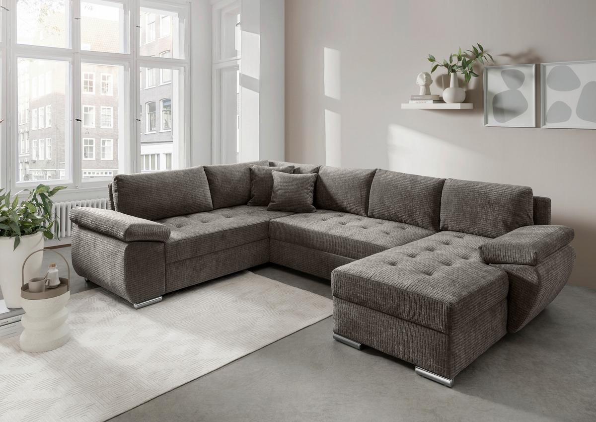 Wohnlandschaft Terana Graubr. mit Schlaffunktion, Mikrofaser - Chromfarben/Graubraun, KONVENTIONELL, Textil (219/305/157cm) - Livetastic