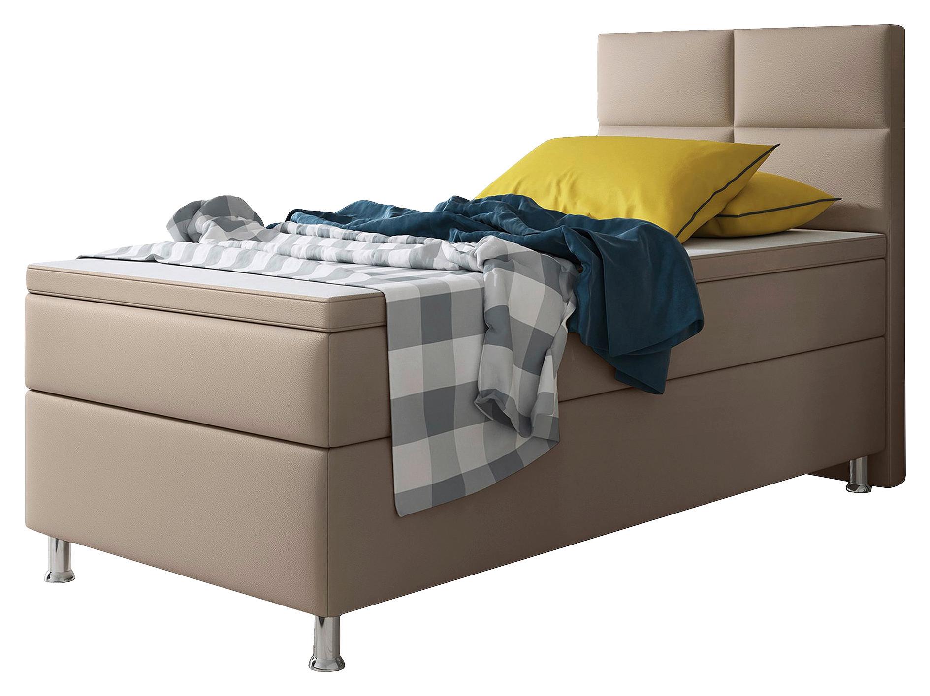 Boxspringbett mit Topper Lederlook 90x210 Miami - Silberfarben/Cappuccino, KONVENTIONELL, Leder/Textil (90/115/210cm) - MID.YOU