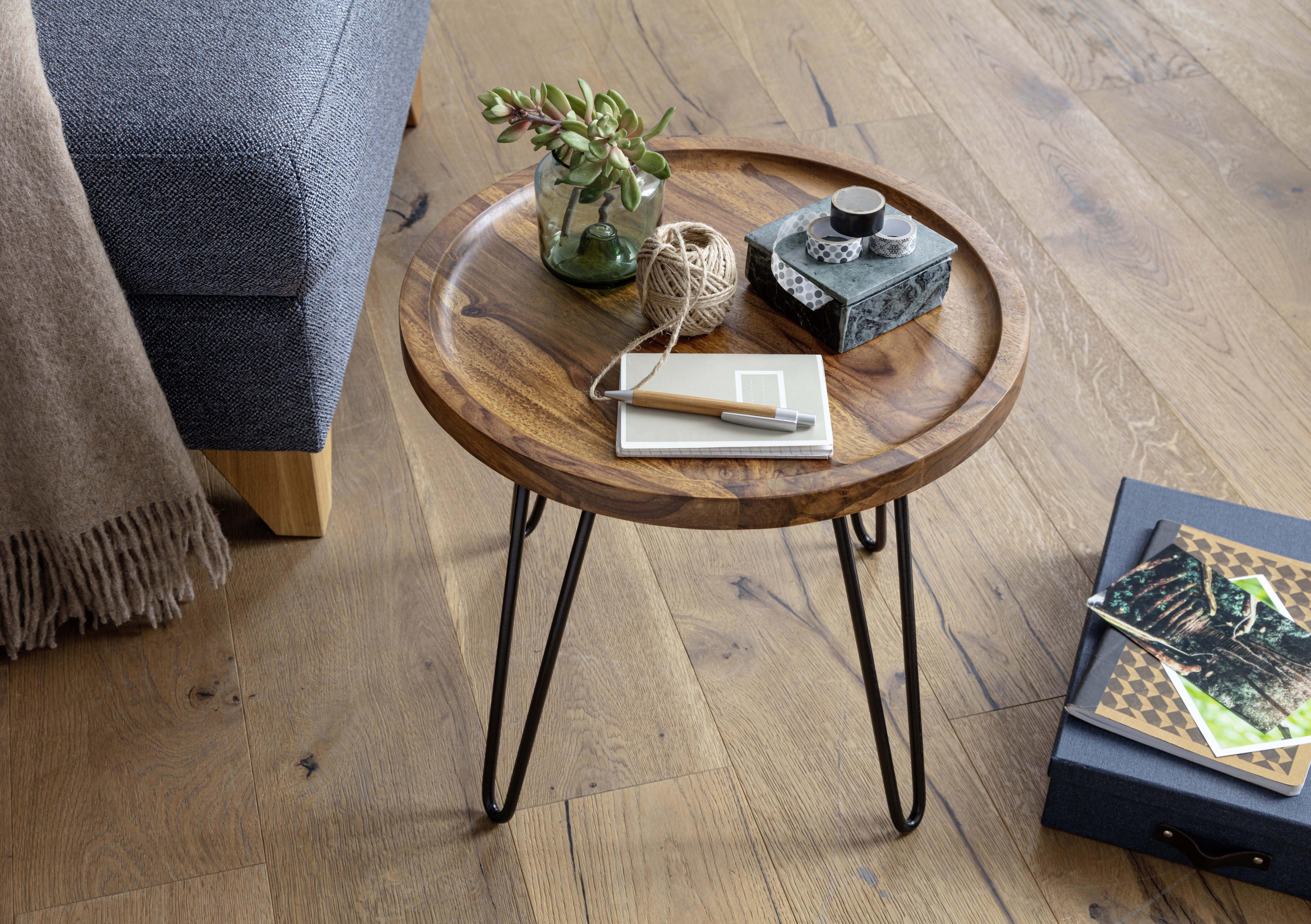 MID.YOU Couchtisch Rund Holz Massiv Sheesham Schwarz