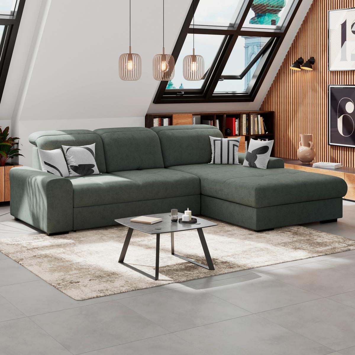 Ecksofa mit Bettfunktion Malaga new Chenille grün - Schwarz/Grün, KONVENTIONELL, Textil (286/203cm) - Ondega