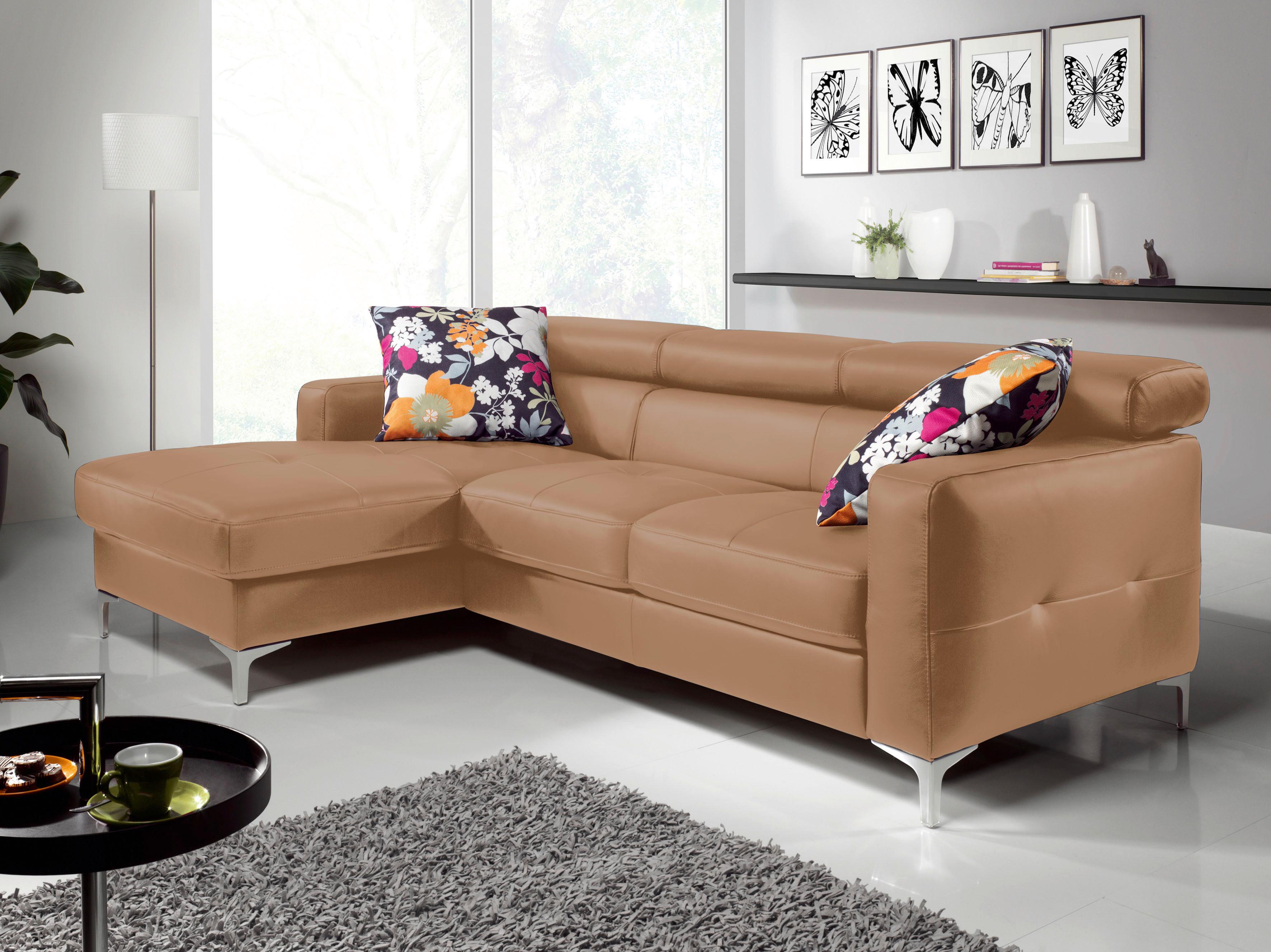 Ecksofa Mit Schlaffunktion Sammy Cappuccino Leder - Chromfarben/Cappuccino, Design, Leder (168/227cm) - Livetastic