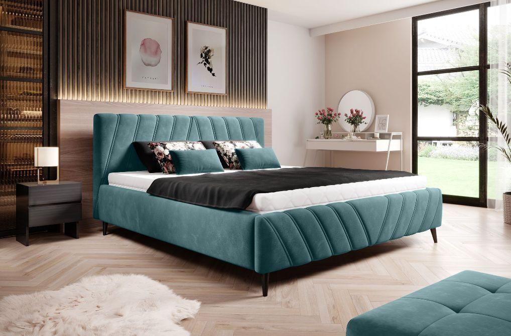 Čalúnená posteľ Melli s roštom 180x200 cm - čierna/tyrkysová, Design, drevo/textil (180/200cm)