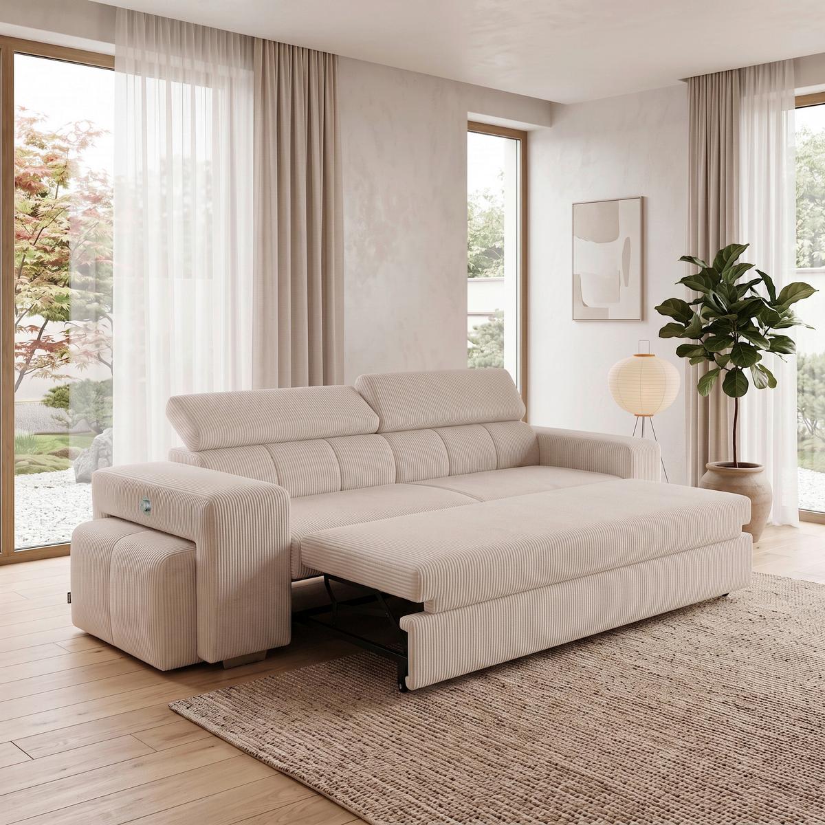 3-SitzerSofa m. Schlaffunktion Sirius S creme, B: 251cm - Creme/Schwarz, KONVENTIONELL, Holz/Holzwerkstoff (251/96/100cm)