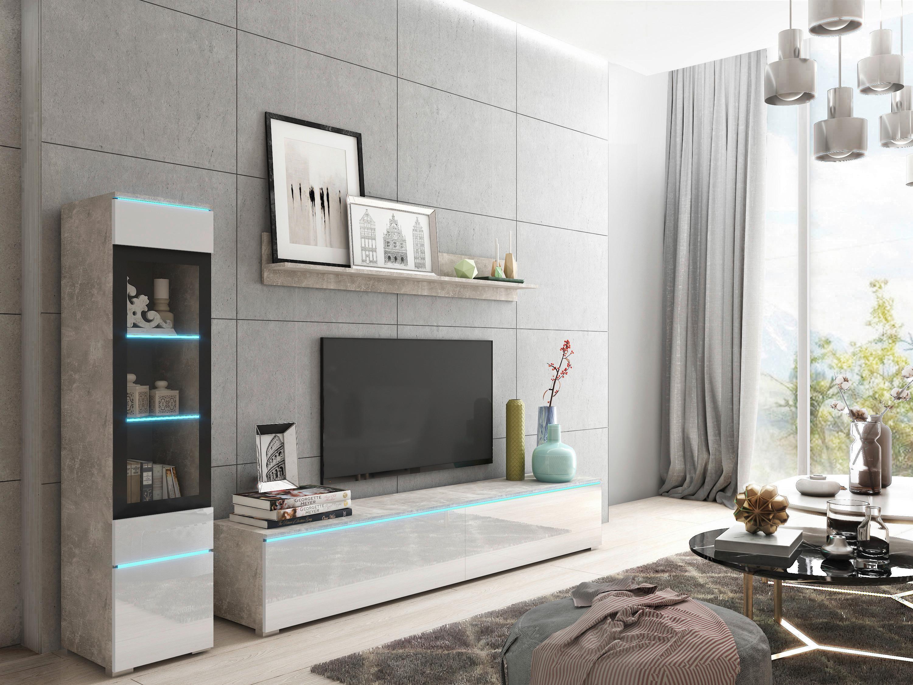 Obývaccí stěna VERA beton/bílá VL - šedá/vysoce lesklá bílá, Lifestyle, kompozitní dřevo/plast (210/130/33cm) - P & B