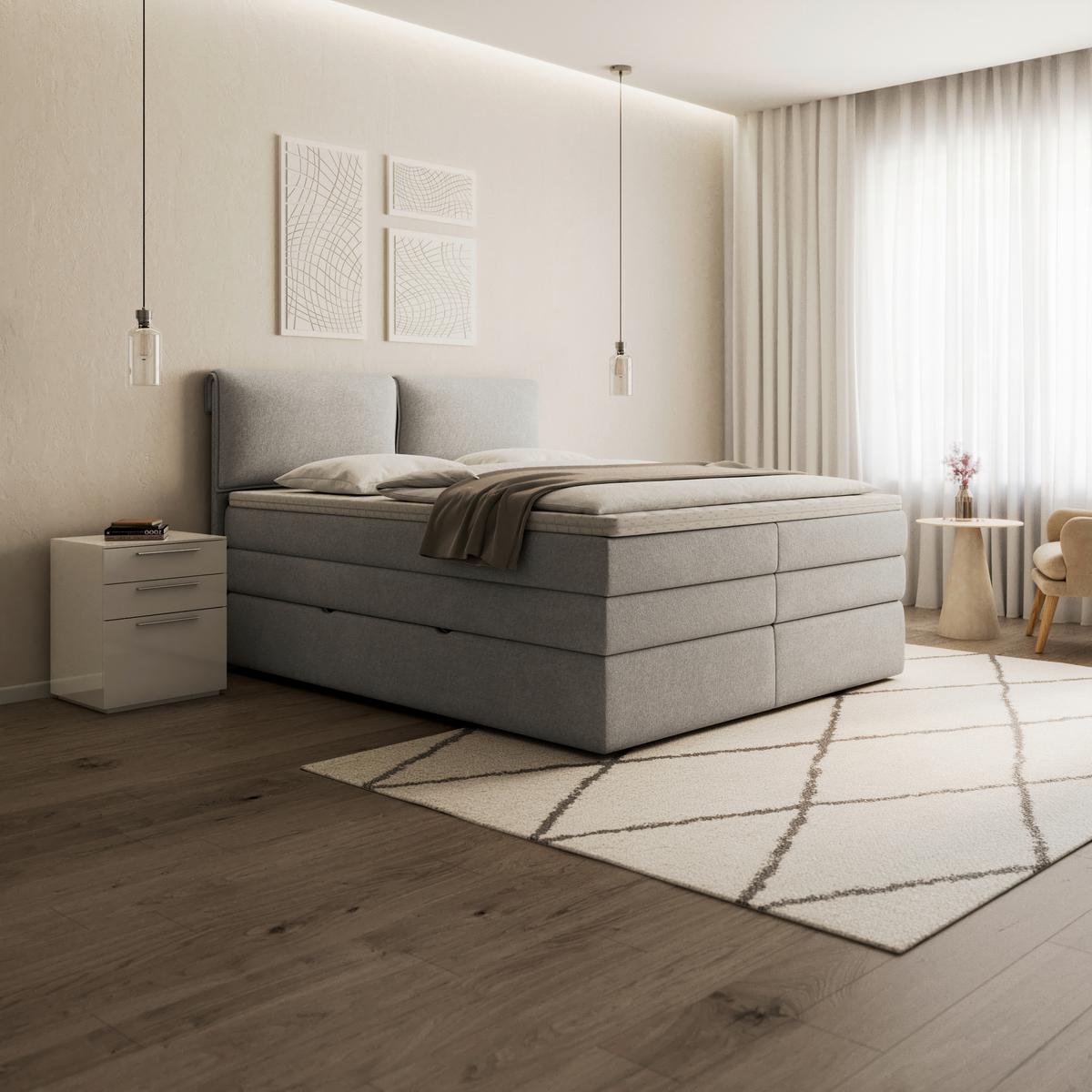 Boxspringová posteľ MOSAMO 180x200 cm, svetlosivá - čierna/svetlosivá, Modern, drevo/kompozitné drevo (180/200cm) - Bessagi Home