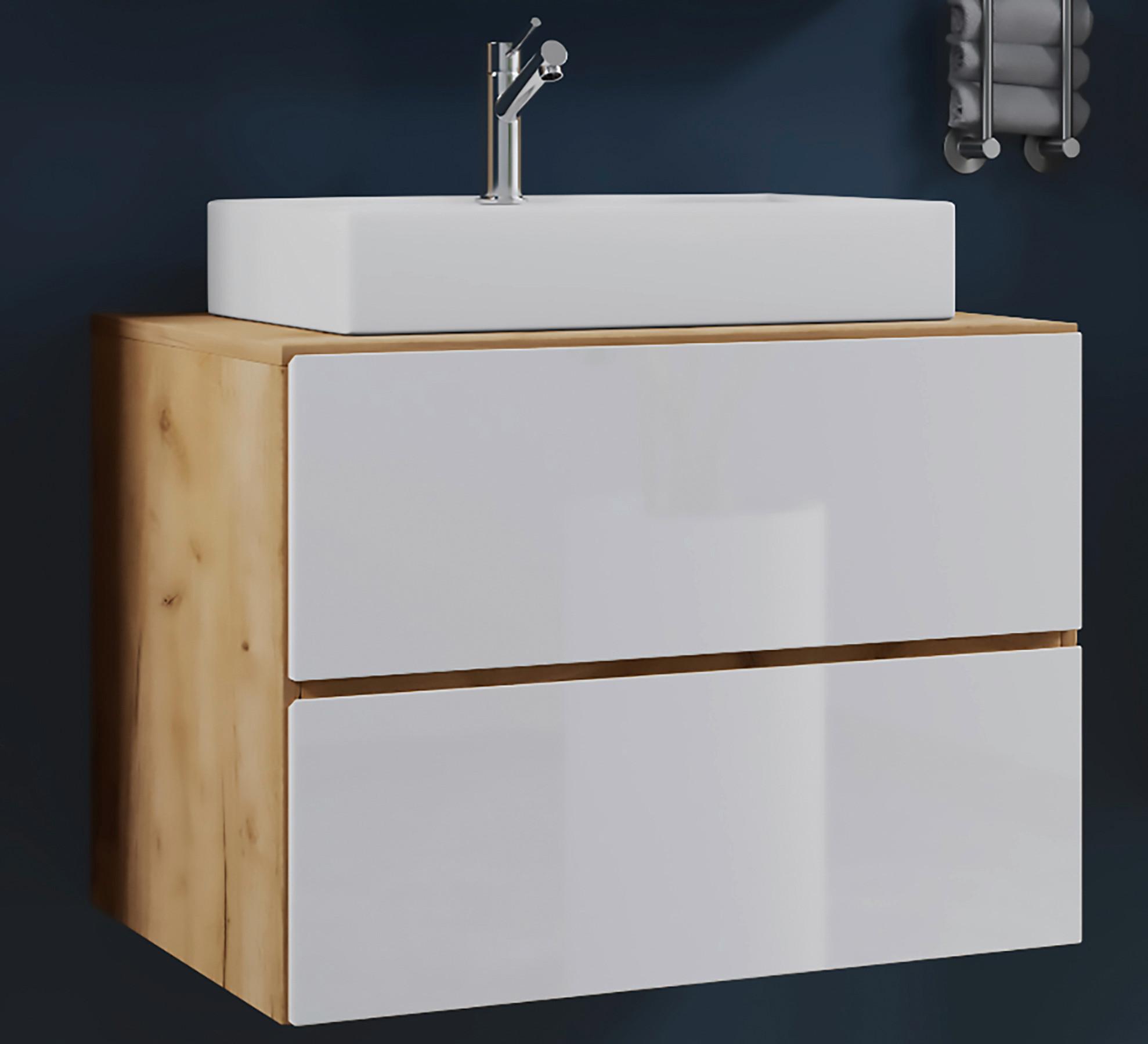 Waschbecken Mit Unterschrank B: 60 Cm Eiche Dekor - Honigeiche/Weiß, MODERN, Keramik/Holzwerkstoff (80/64,2/51,4cm) - MID.YOU