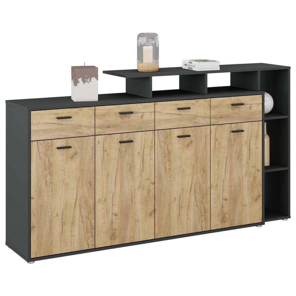 Kommode mit Aufsatz B 190cm Tom, Eiche Dekor/Anthrazit