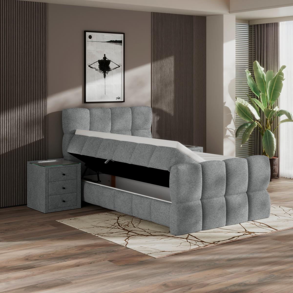 Boxspringbett Brisbane inkl. Bettkasten 140x200 - Schwarz/Grau, Trend, Holz/Holzwerkstoff (140/200cm) - Sembella