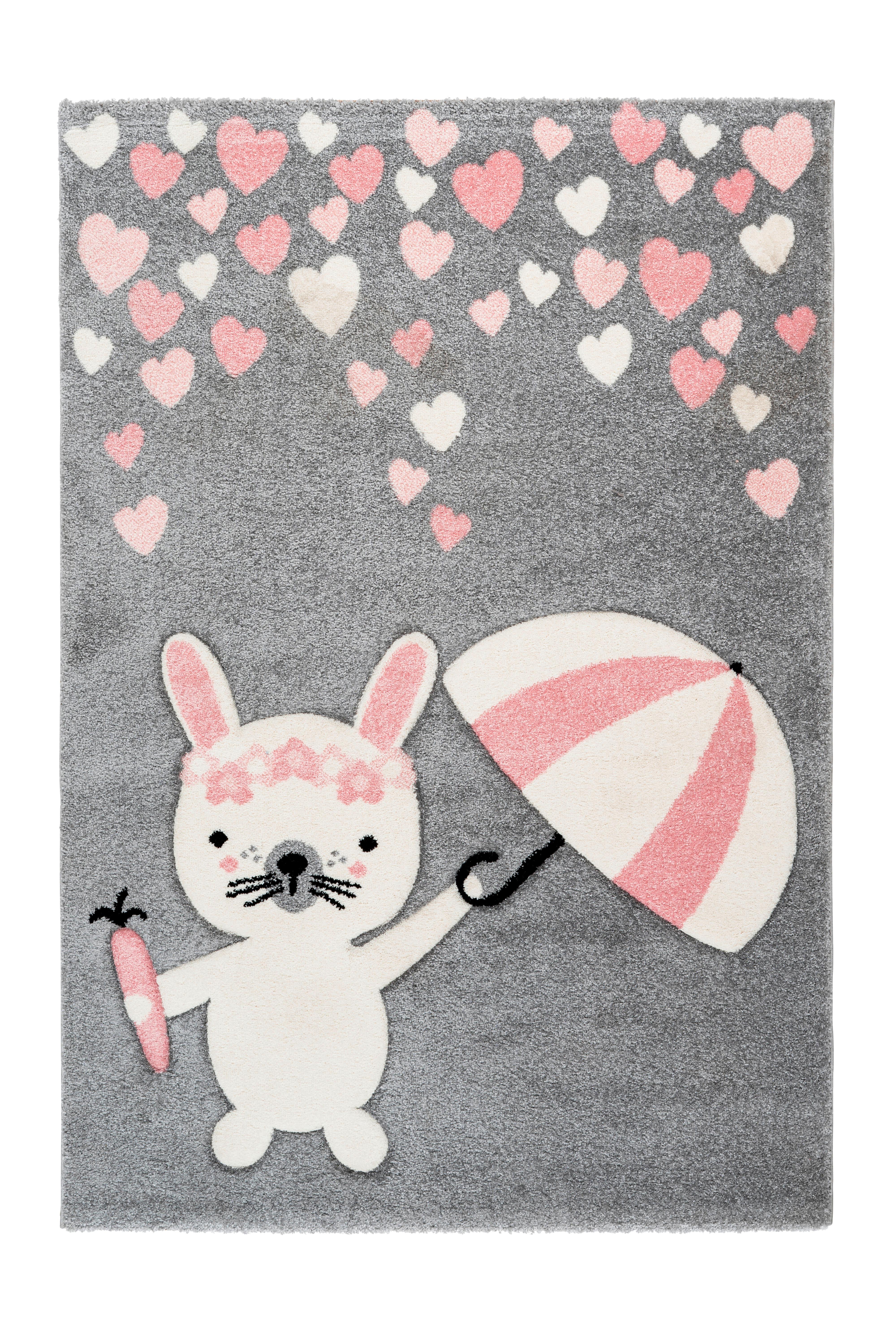 Kindeteppich Hase mit Schirm Grau/Rosa Clermont 80x150 cm - Rosa/Grau, Trend, Kunststoff (80/150cm) - Kayoom