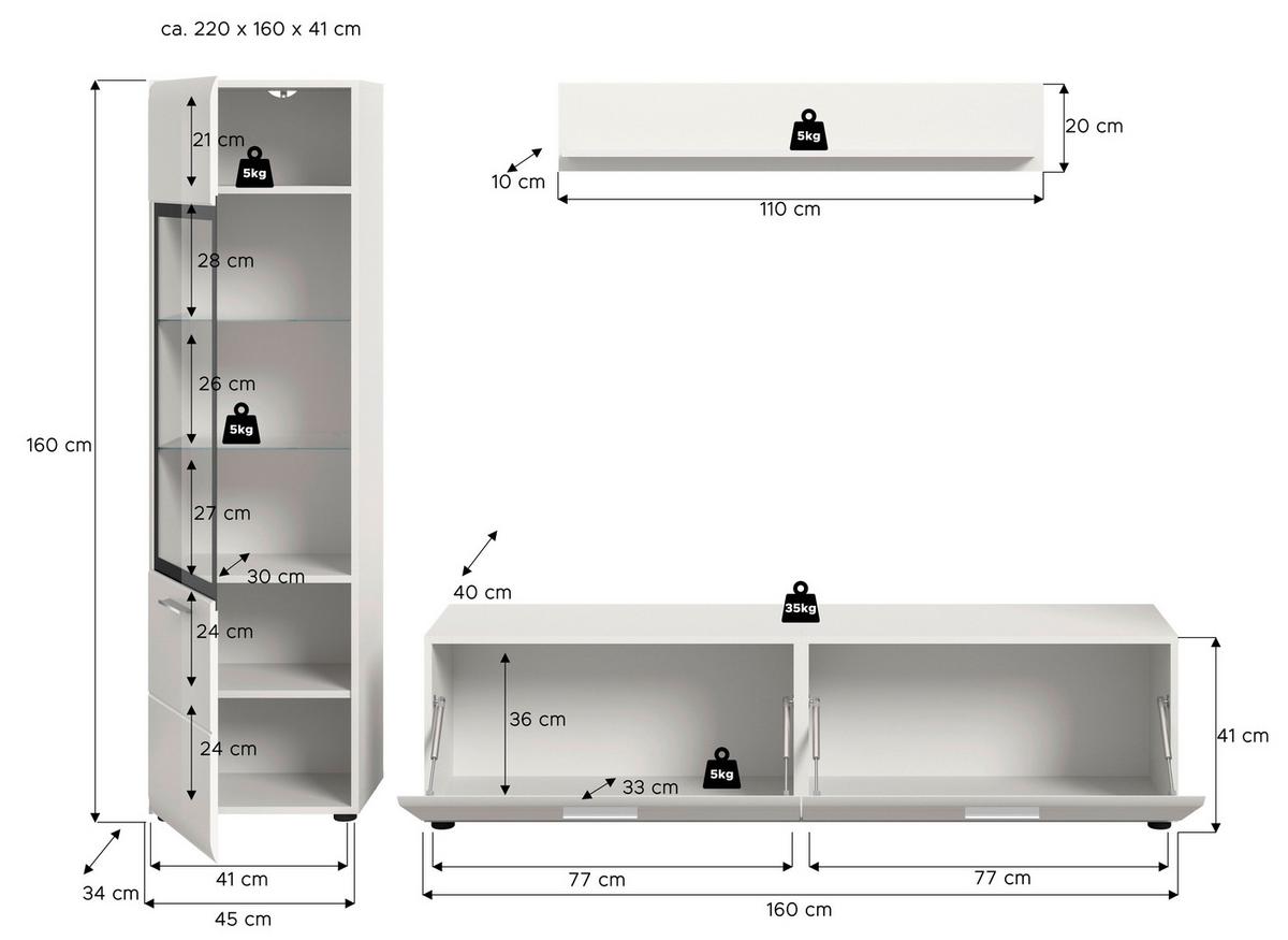 WOHNWAND Ice, Weis B: 220 cm - Weiß Hochglanz/Schwarz, Design, Glas/Holzwerkstoff (220/160/41cm) - Livetastic