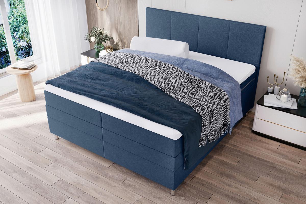 Boxspringbett mit Topper und Bettkasten 160x200 cm Messina - Chromfarben/Blau, KONVENTIONELL, Textil (160/200cm)