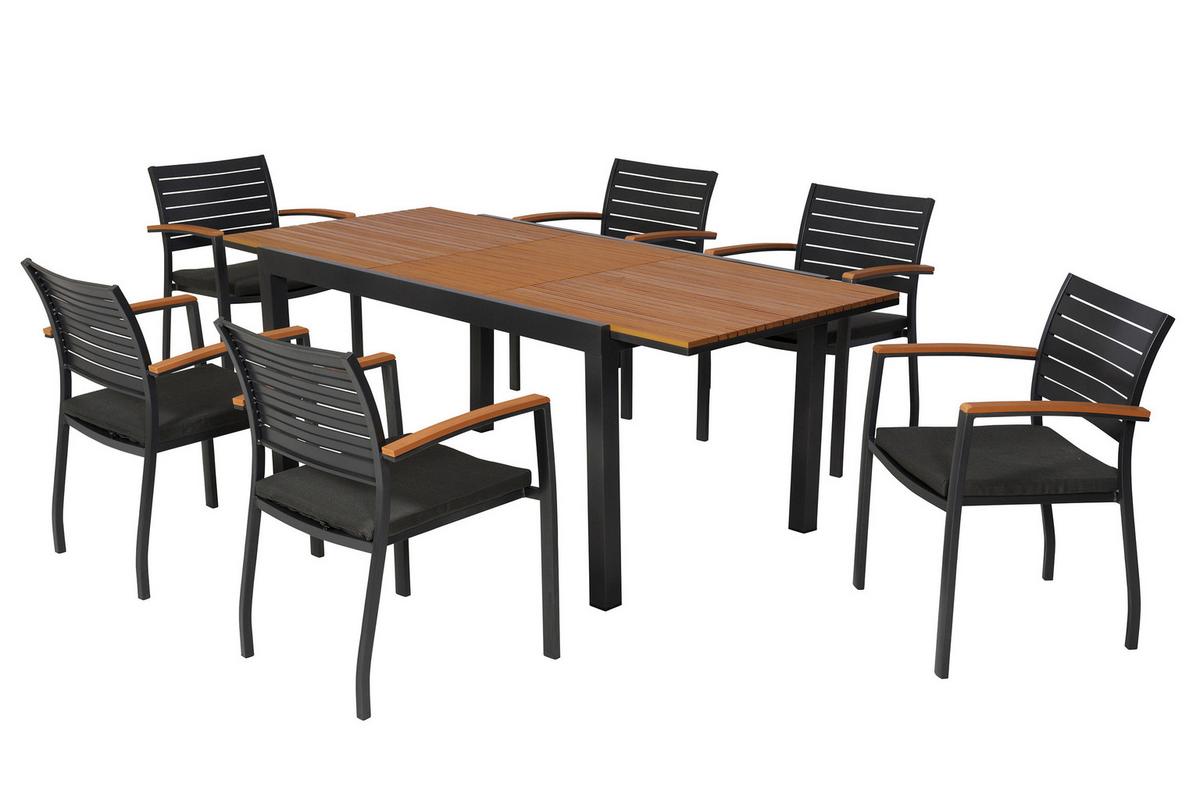 Gartentischgruppe 7tlg. inkl. Sitzkissen - Graphitfarben/Naturfarben, KONVENTIONELL, Kunststoff/Textil - Gardenson