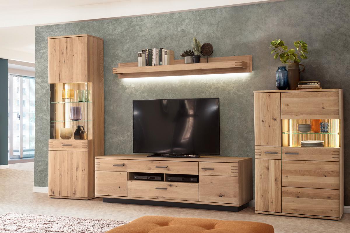 Wohnkombination teilmassiv 4--teilig. Salvador Eichefarben - Eichefarben/Schwarz, Design, Glas/Holz (350/208/50cm) - Livetastic