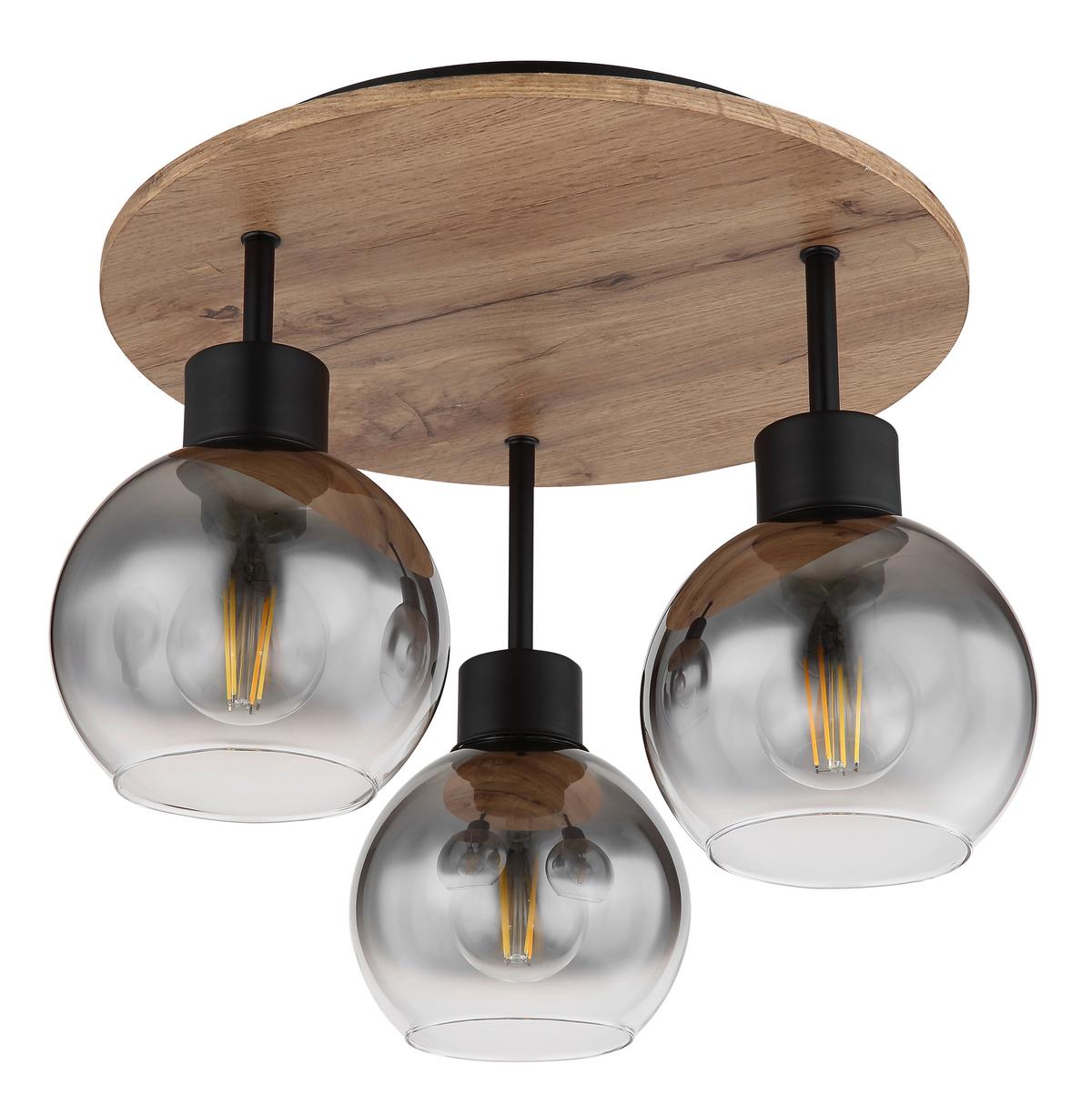 Deckenleuchte 15656-3Dr - Schwarz/Braun, Natur, Glas/Holzwerkstoff (38/30cm) - Globo