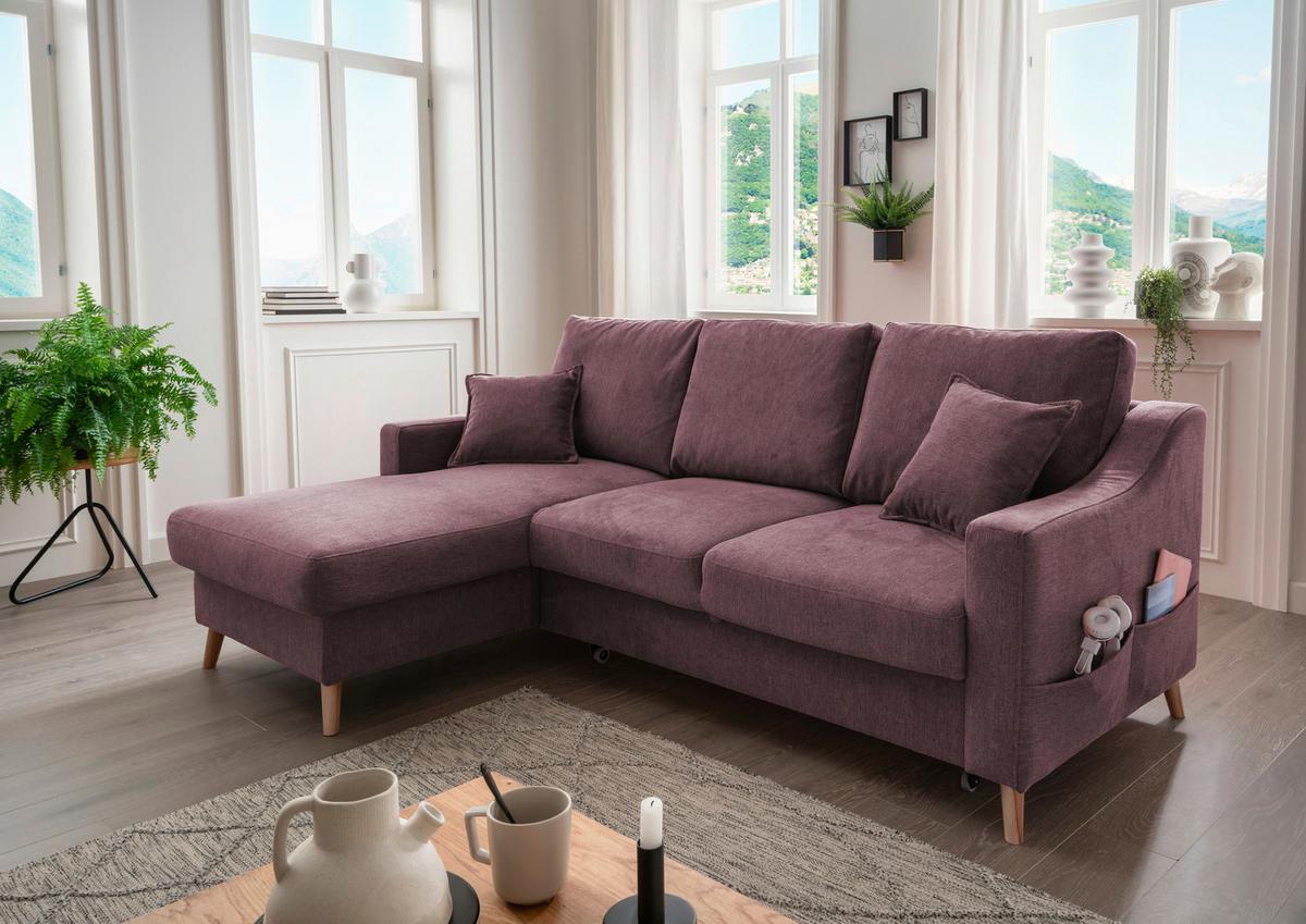 Ecksofa mit Schlaffunktion Valentina mit Kissen Bordeaux - Bordeaux/Naturfarben, KONVENTIONELL, Textil (150/228cm) - P & B