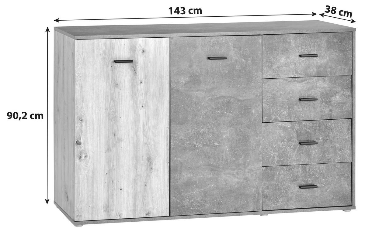 Kommode B: 143 Cm Tim, Betonoptik Dunkel/eiche Dekor - Eichefarben/Alufarben, MODERN, Holzwerkstoff (143/90,2/38cm)