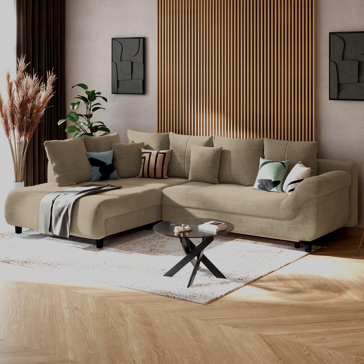 Ecksofa mit Schlaffunktion Mendoza New Chenille 309x197cm - Beige/Schwarz, KONVENTIONELL, Textil (197/309cm) - Ondega