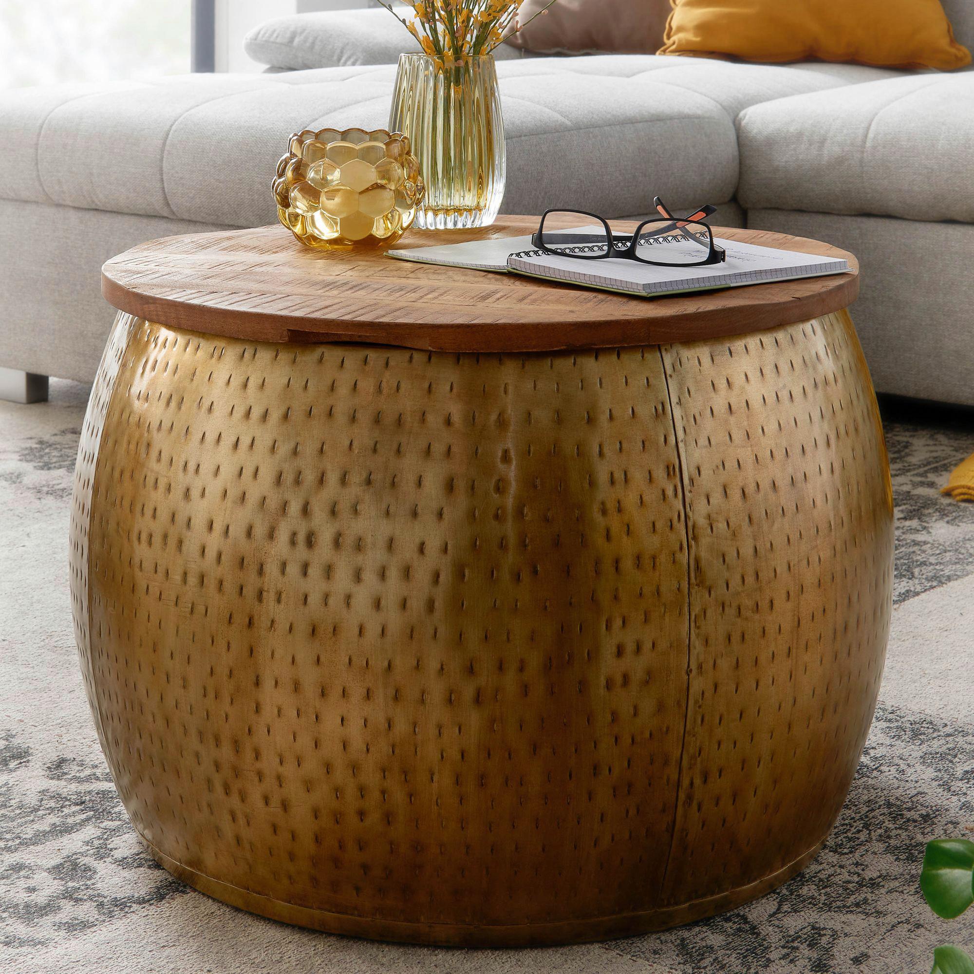 Konferenčný stolík masív mango/kov - zlatá, Modern, kov/drevo (60/60/40cm) - MID.YOU