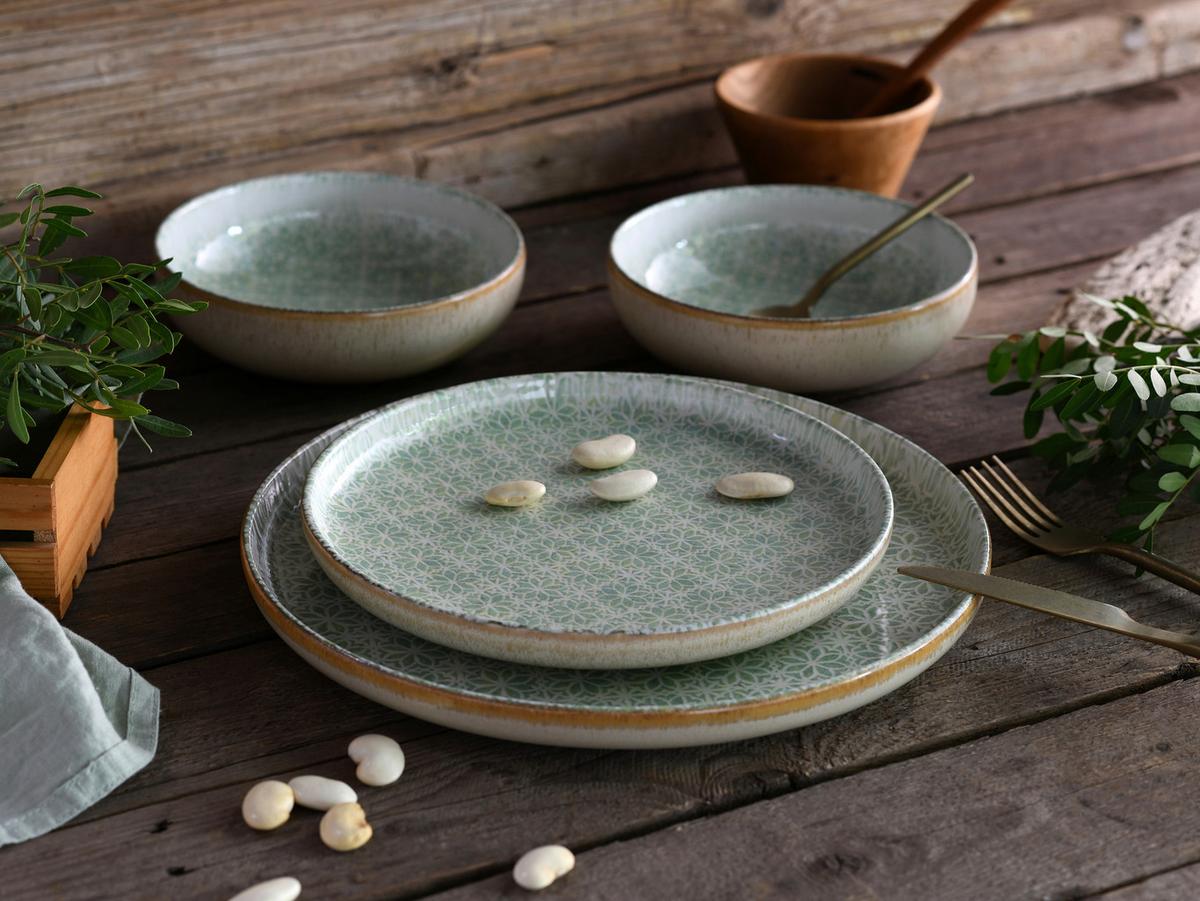 Tafelservice Uno Emiliana 12--Teilig., Creme, Grün - Creme/Grün, Basics, Keramik - Creatable