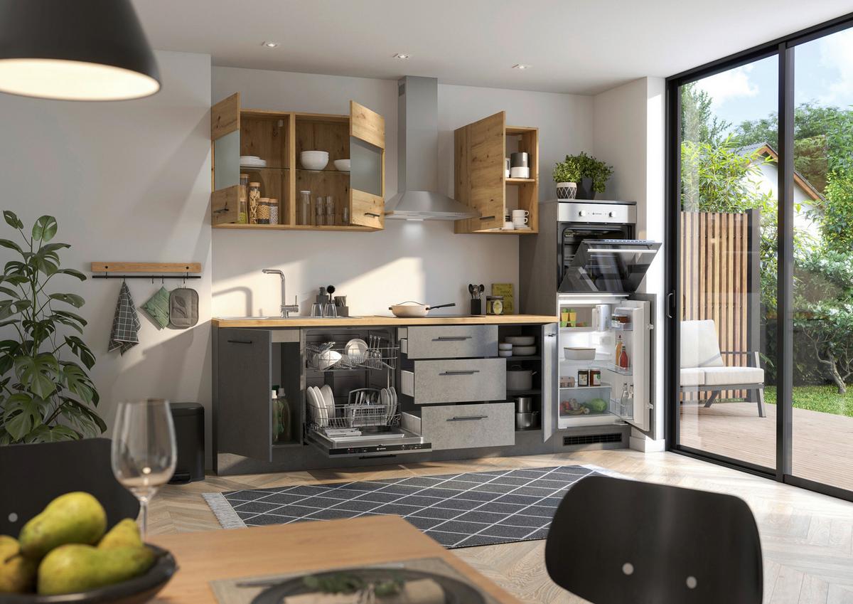 Küchenblock Capri D. Grau/Eiche Dekor B: 280 cm - Dunkelgrau/Eiche Artisan, Basics, Glas/Holzwerkstoff (280cm) - MID.YOU