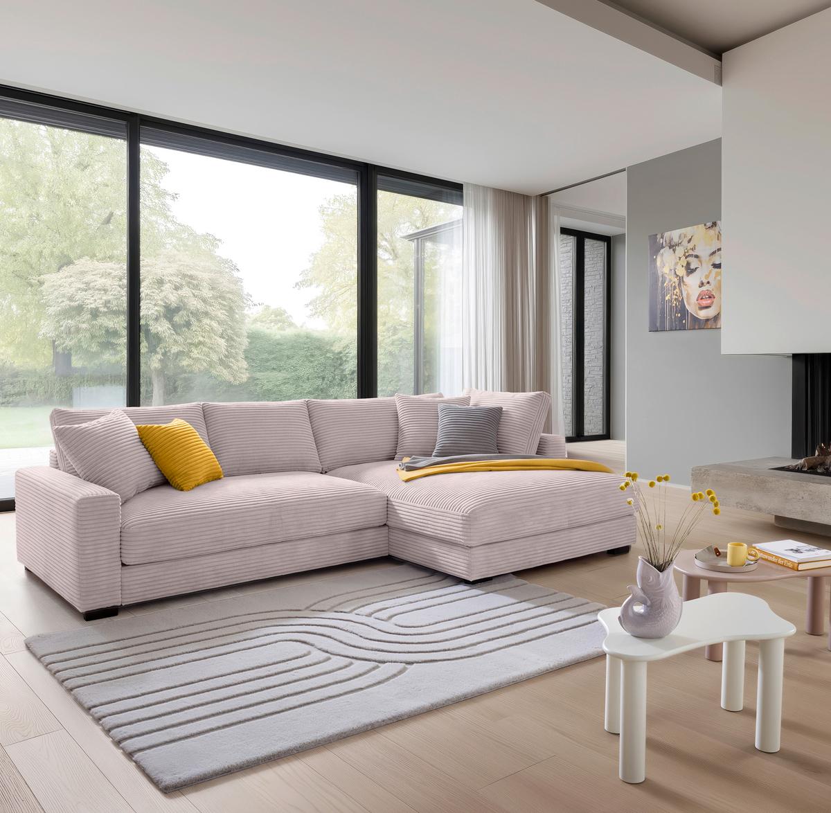 Rohová sedačka PEDRO, pravá, růžový manšestr - růžová/černá, Moderní, textil/plast (300/190cm) - Mömax
