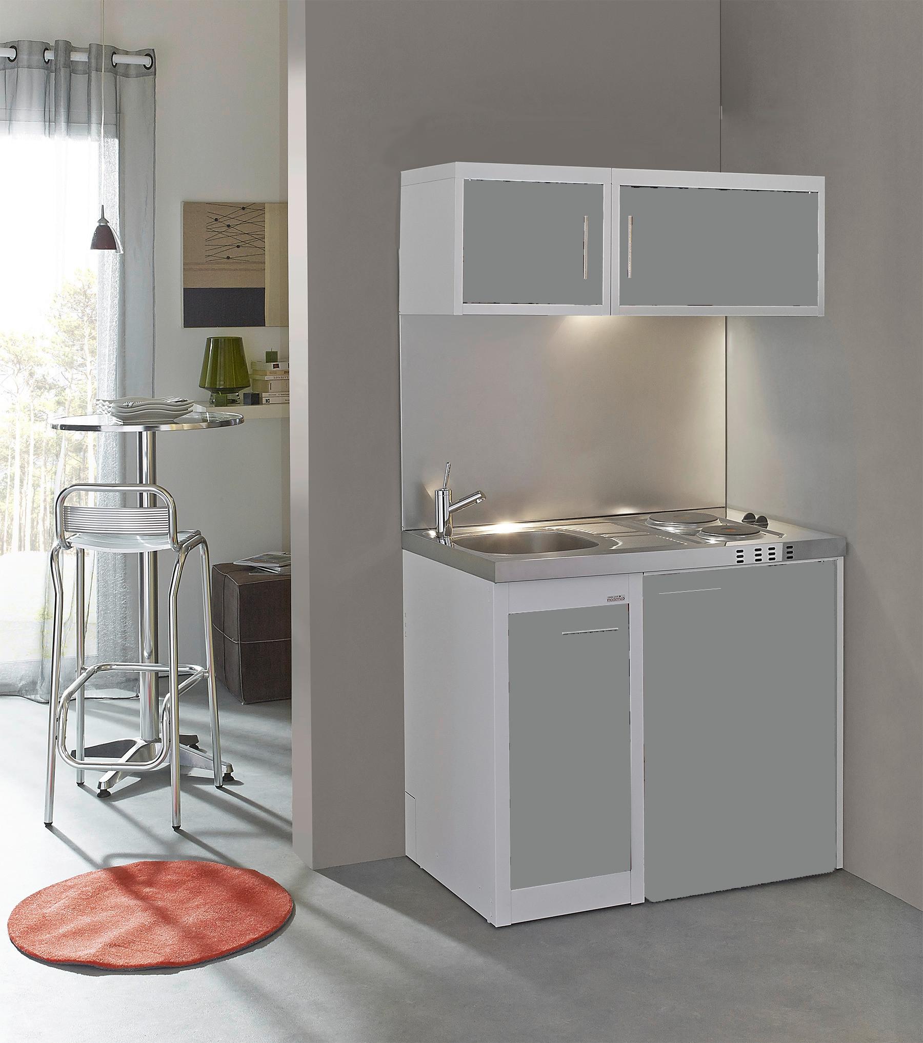 Singleküche 100 cm Miniküche mit Spüle Doppel-Kochplatte Mini Küchenzeile weiss 