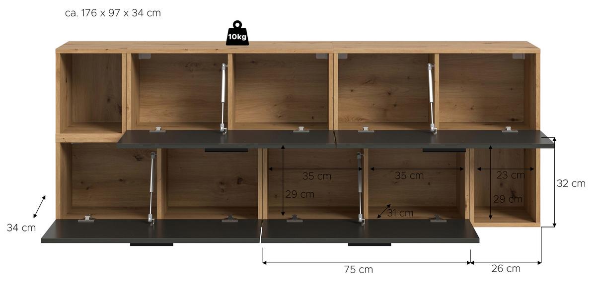 Wohnwand, The One 2, B: 176 cm Grau/Artisan Eiche Dekor - Schwarz/Eiche Artisan, Trend, Holzwerkstoff (176/97/34cm)