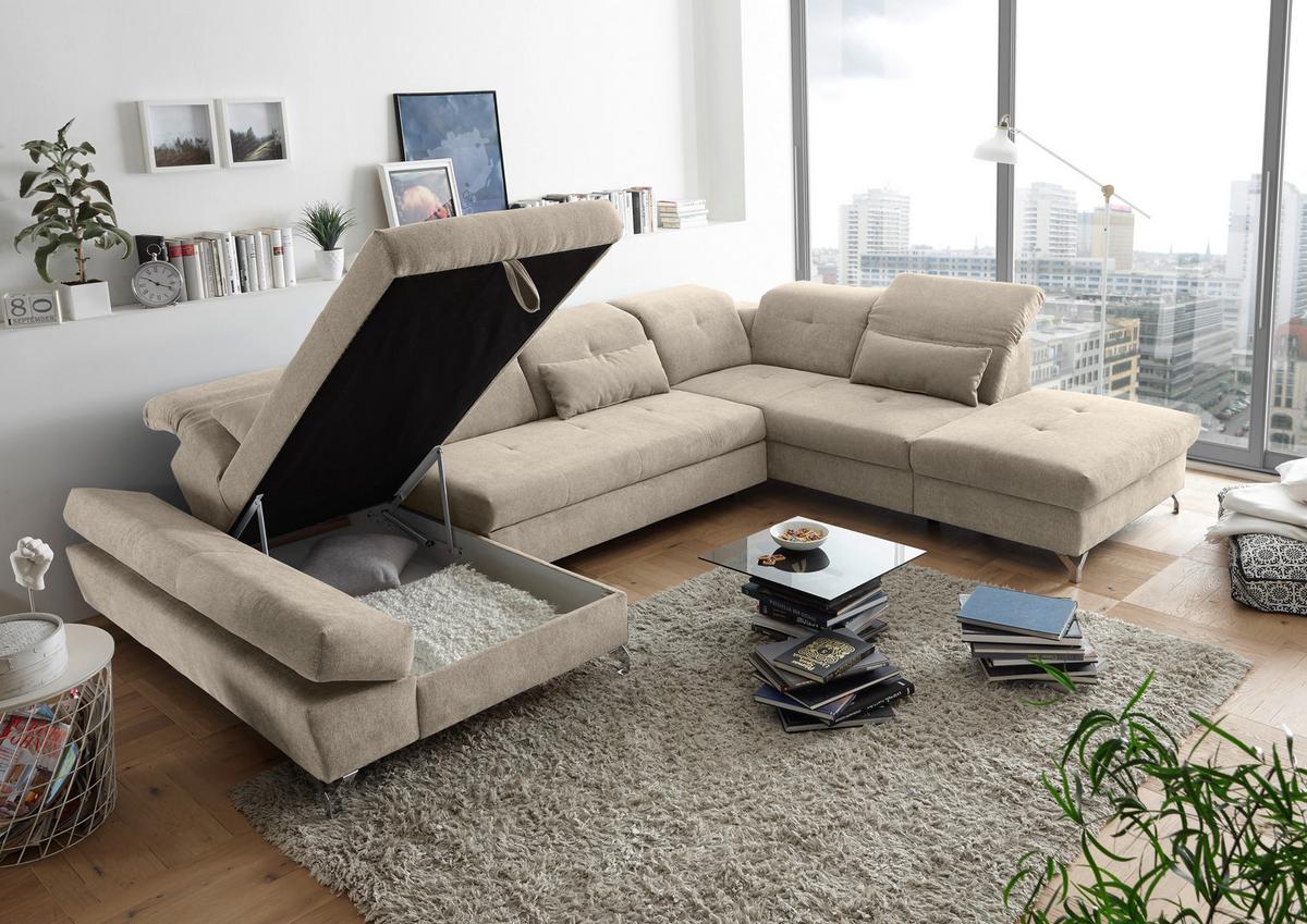 Ecksofa Melfi Sandfarben U: 168 Cm - Sandfarben/Silberfarben, MODERN, Textil (168/350/245cm) - MID.YOU
