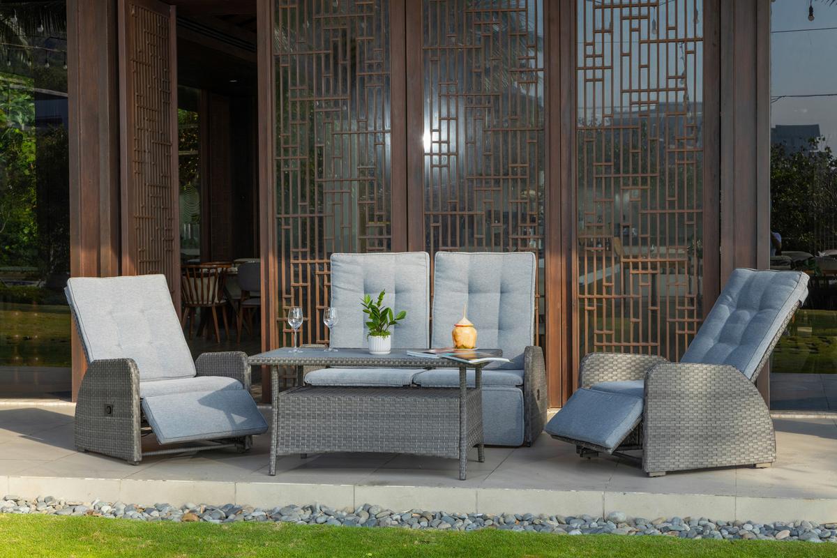 Loungegarnitur 4-Tlg Santander Metall/Polly-Rattan mit Kissen - Grau, MODERN, Kunststoff/Textil - Beldano