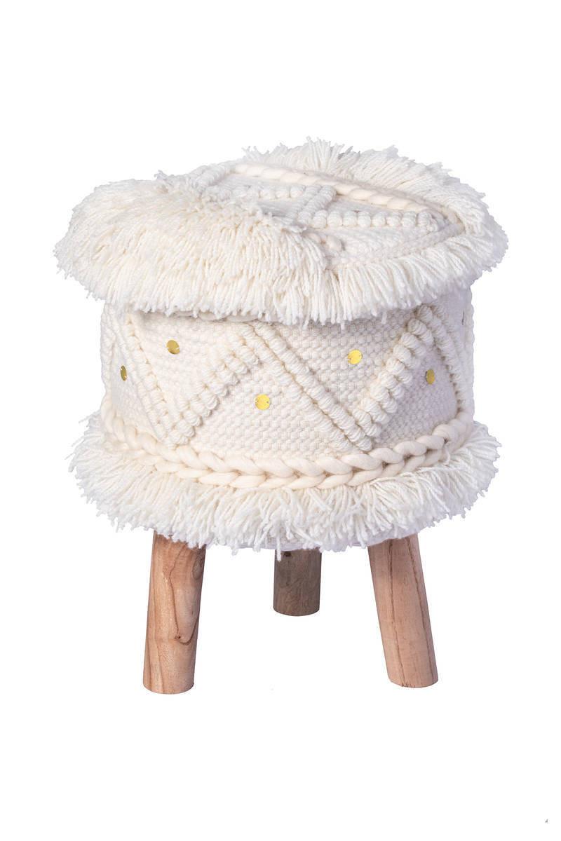 Hocker Bohist Makramee/ Echtholz Creme H: 50 cm - Creme, Trend, Holz/Textil (38/50/38cm) - Kayoom
