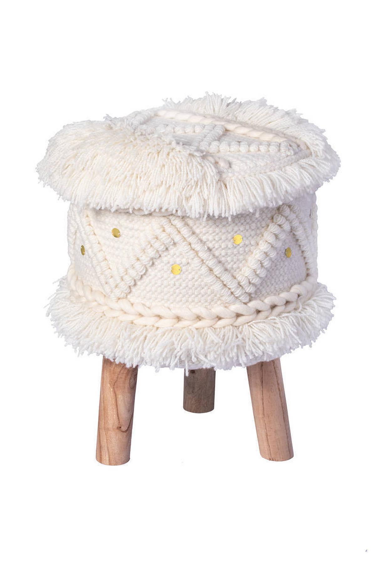 Hocker Bohist Makramee/ Echtholz Creme H: 50 cm - Creme, Trend, Holz/Textil (38/50/38cm) - Kayoom