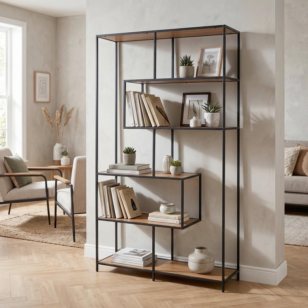 Regal Seaford B 114cm, Schwarz/Eiche Dekor - Eichefarben/Schwarz, MODERN, Holzwerkstoff/Metall (114/185/35cm) - MID.YOU