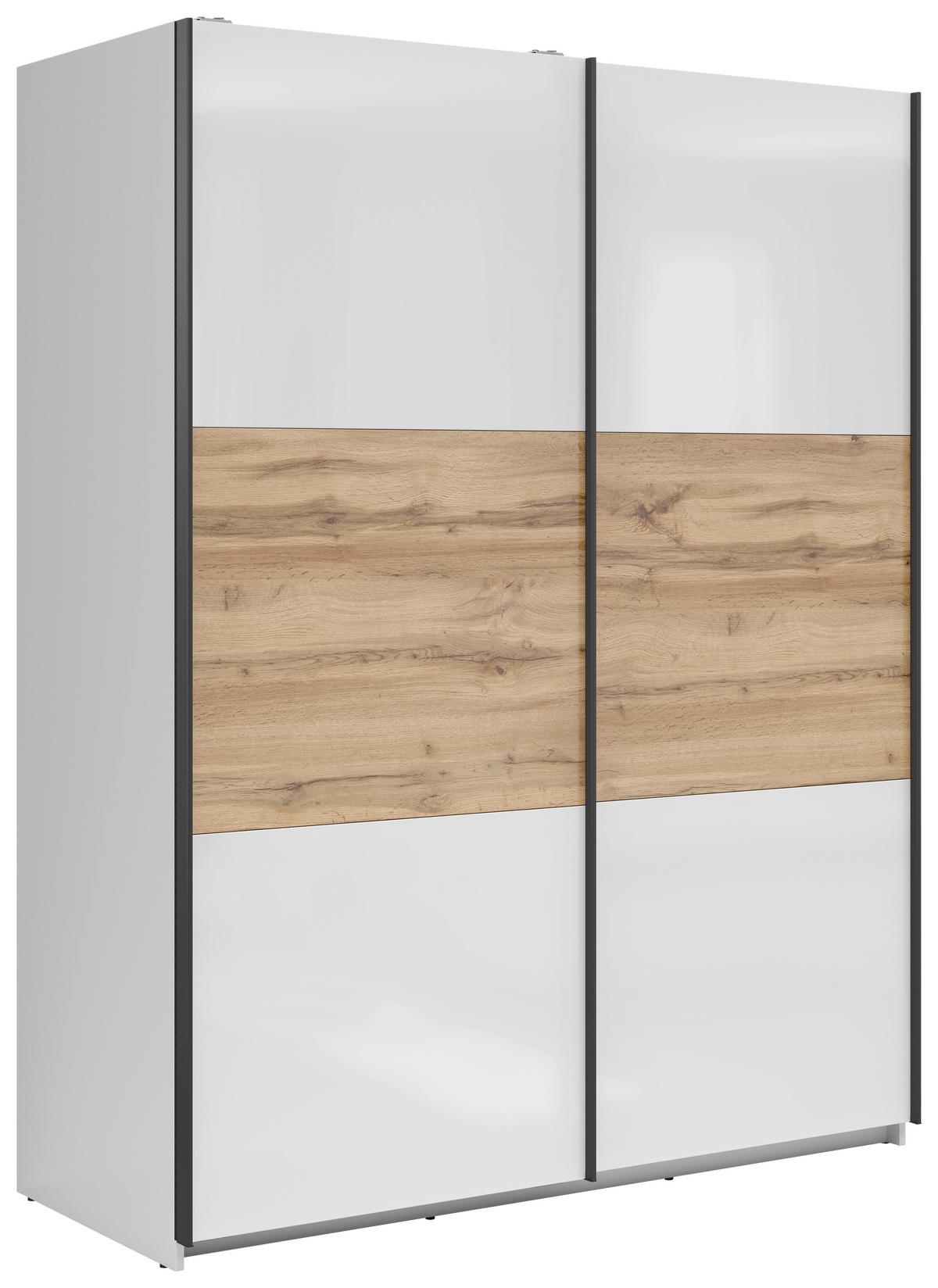 Schwebetürenschrank 153,5cm Tetrix Weiß Hochglanz - Weiß Hochglanz/Eiche Wotan, MODERN, Holzwerkstoff (153,5/195,5/60cm) - MID.YOU