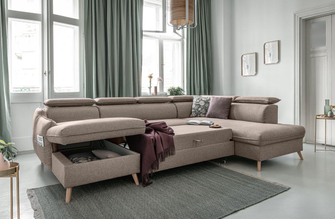 Rozkládaci sedačka Simone, pravé provedení - přírodní barvy/béžová, Moderní, dřevo/textil (321/82/95/208cm)