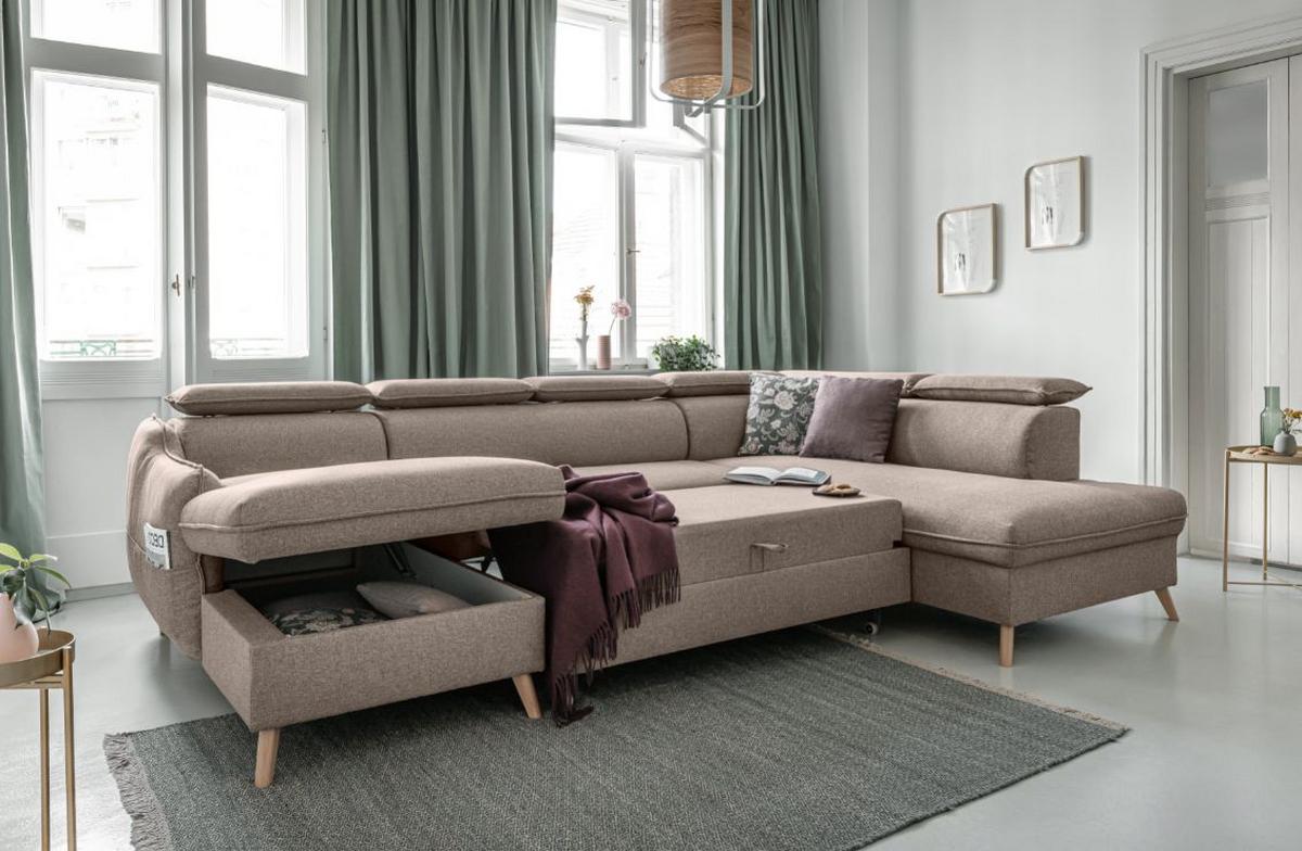Rozkládaci sedačka Simone, pravé provedení - přírodní barvy/béžová, Moderní, dřevo/textil (321/82/95/208cm)