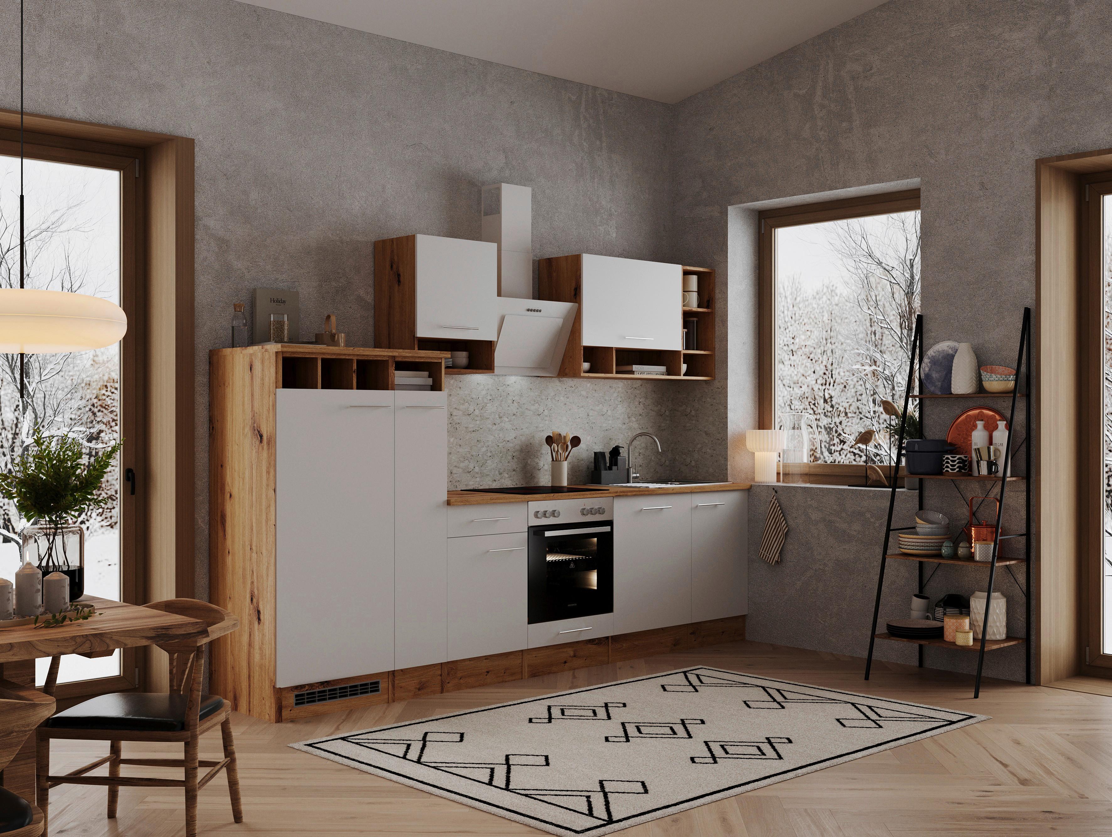 Küchenzeile Economy mit Geräten 310 cm Weiß/Wildeiche - Wildeiche/Weiß, Basics, Holzwerkstoff (310cm) - Respekta