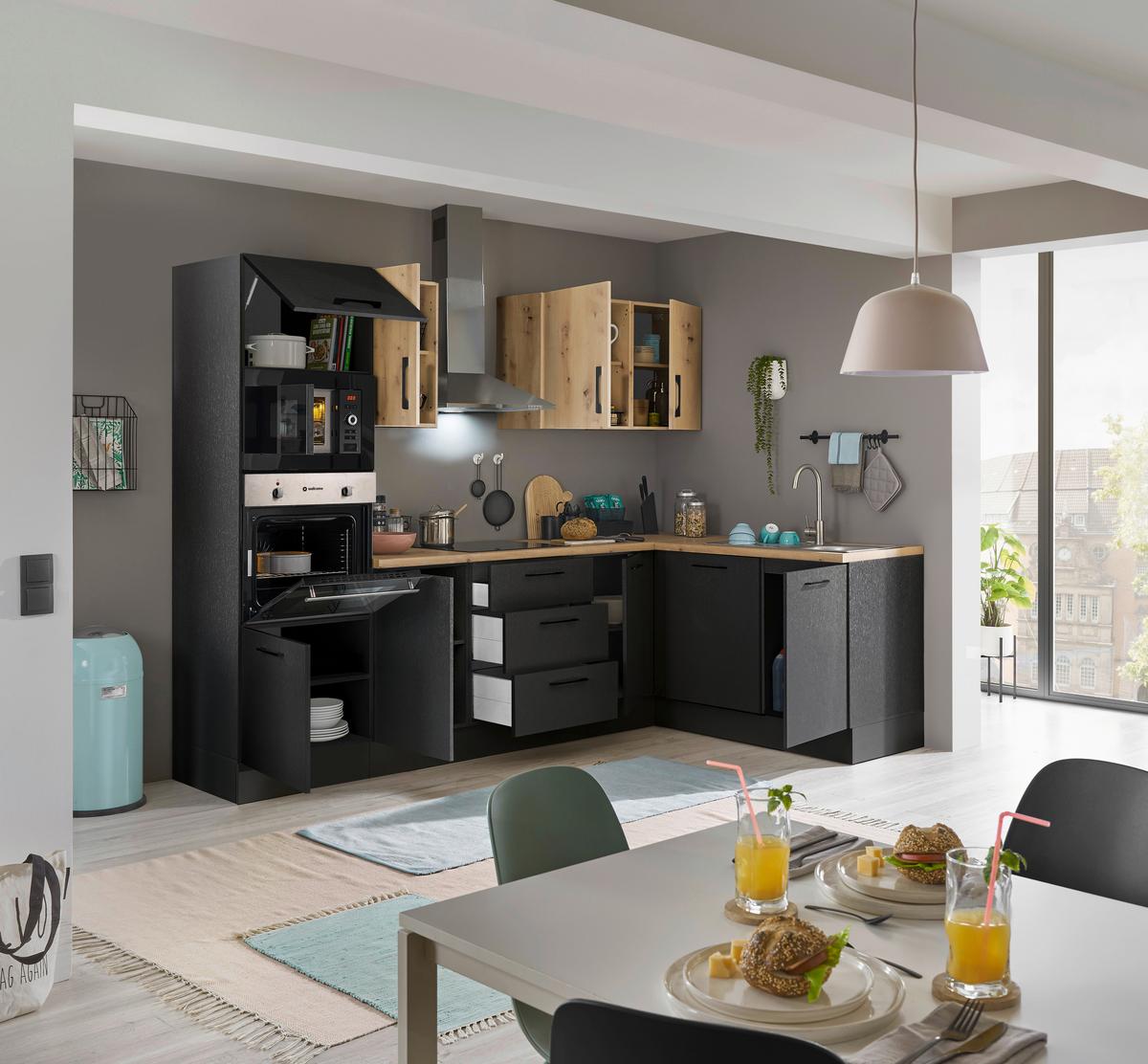 Eckküche Turin Schwarz/Eiche Dekor 280x175 cm - Schwarz/Eiche Artisan, Basics, Holzwerkstoff (280/175cm) - MID.YOU