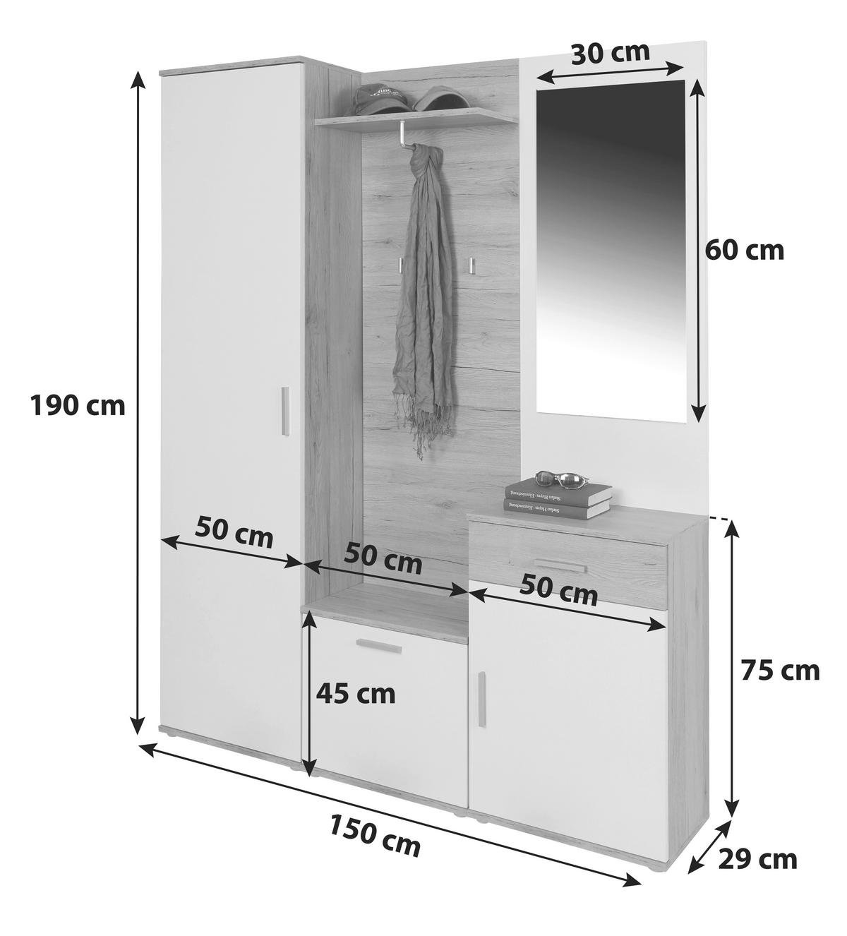 Előszobafal Mia - tölgyfa színű/fehér, Modern, faalapú anyag/üveg (150/190/29cm)