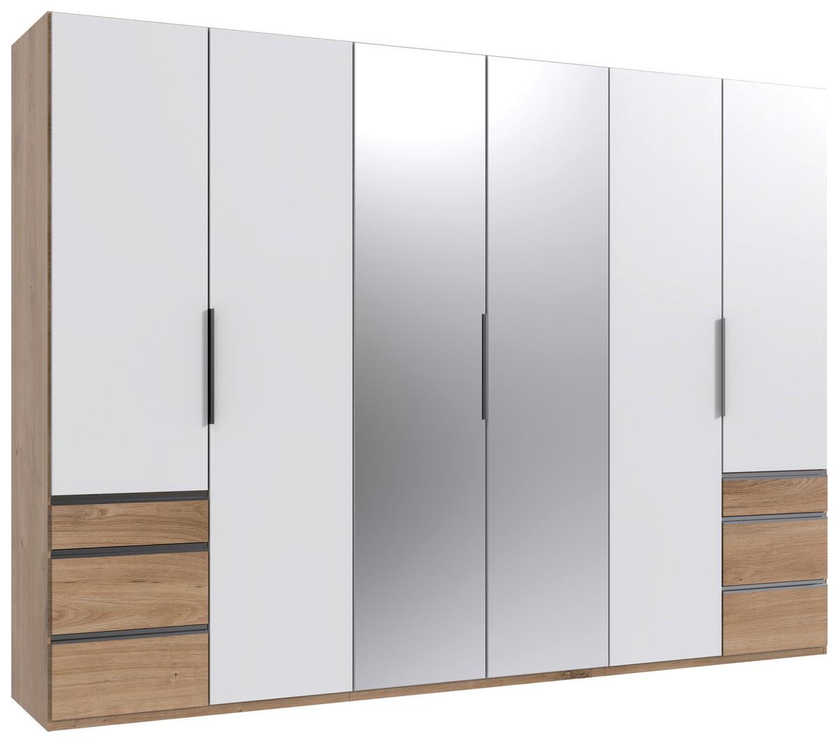 Drehtürenschrank Mit Spiegel + Laden 300cm Level 36a, Weiß - Plankeneiche/Eichefarben, MODERN, Glas/Holzwerkstoff (300/216/58cm) - MID.YOU