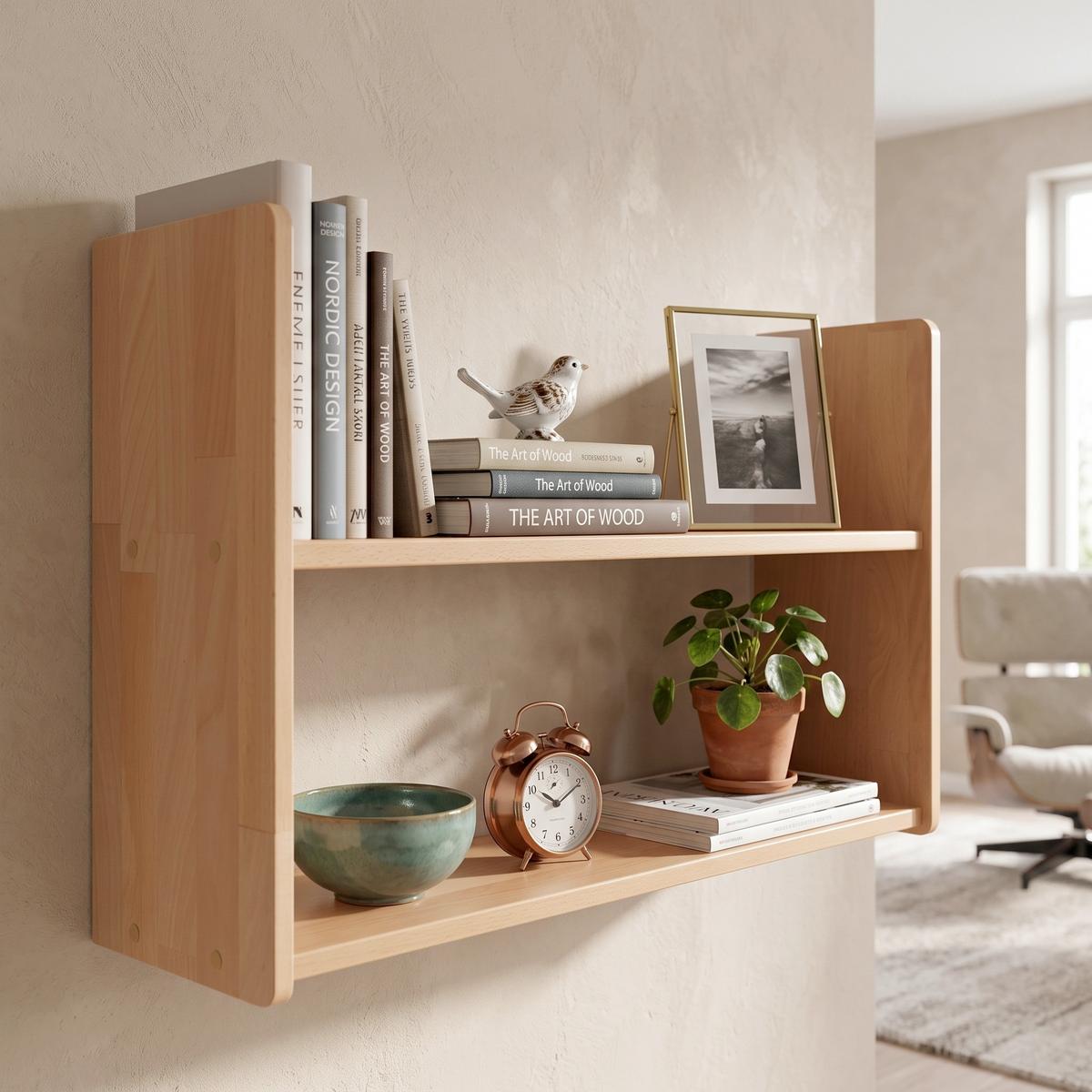 Nástěnný regál SIMONE přírodní - barvy buku, Basics, dřevo (90/45/20cm) - MID.YOU
