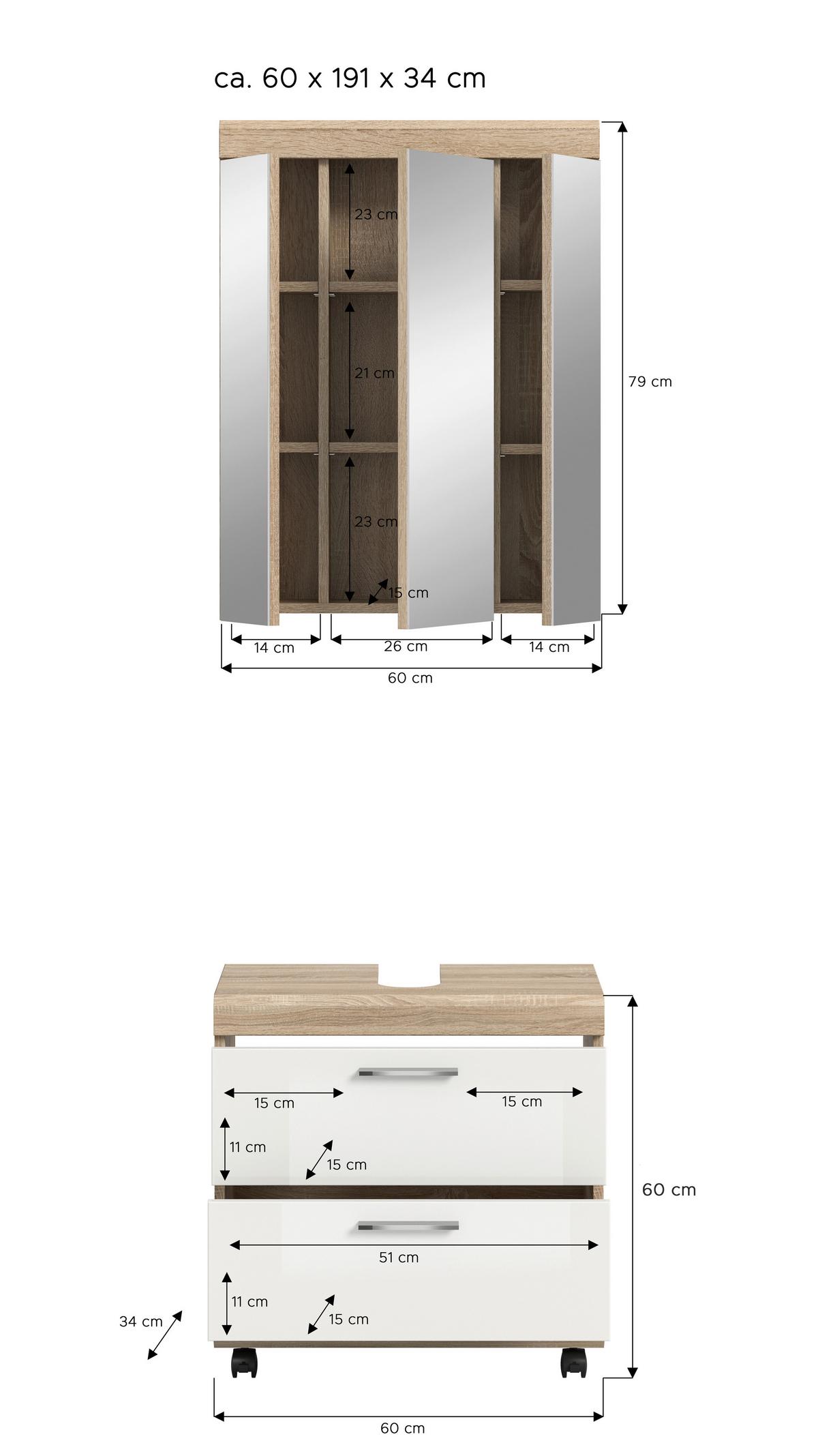 BADEZIMMER Eiche Dekor/Weiß B: 60cm - Weiß Hochglanz/Schwarz, Trend, Glas/Holzwerkstoff (60cm) - MID.YOU